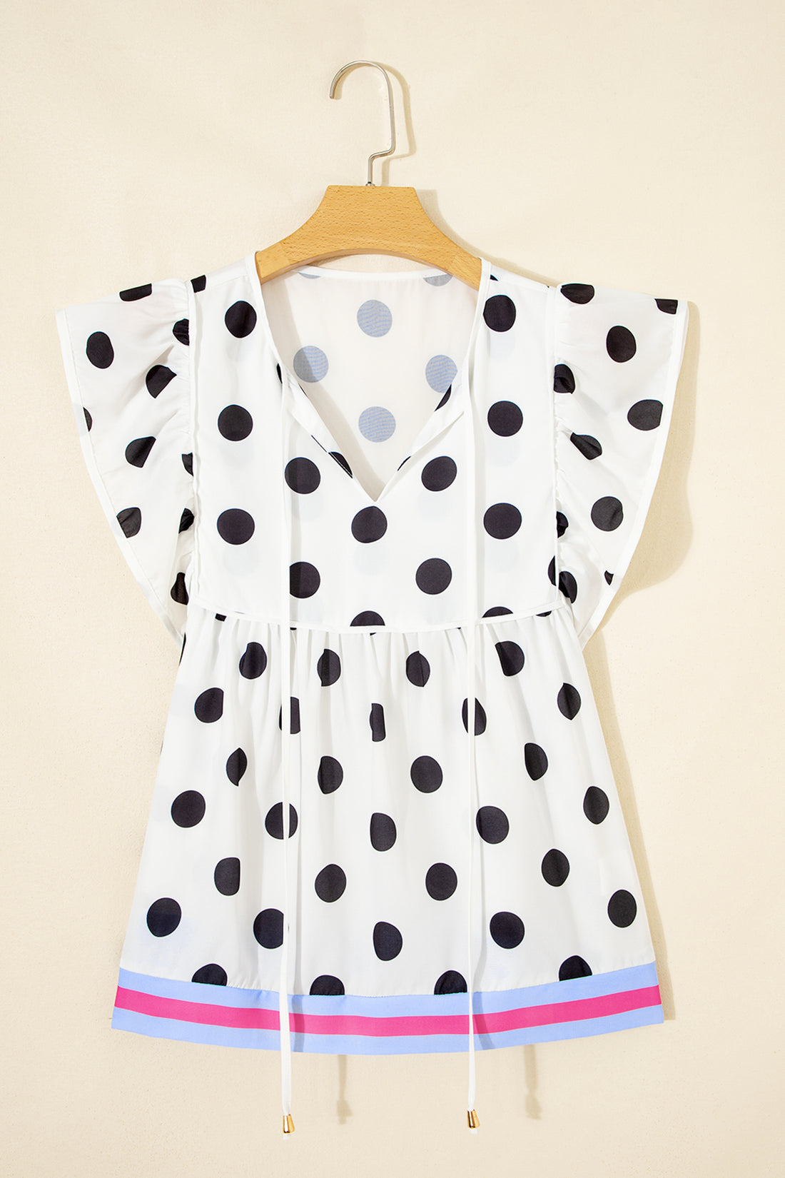 White Polka Dot Print Flutter Sleeve Striped Patchwork Babydoll Blouse