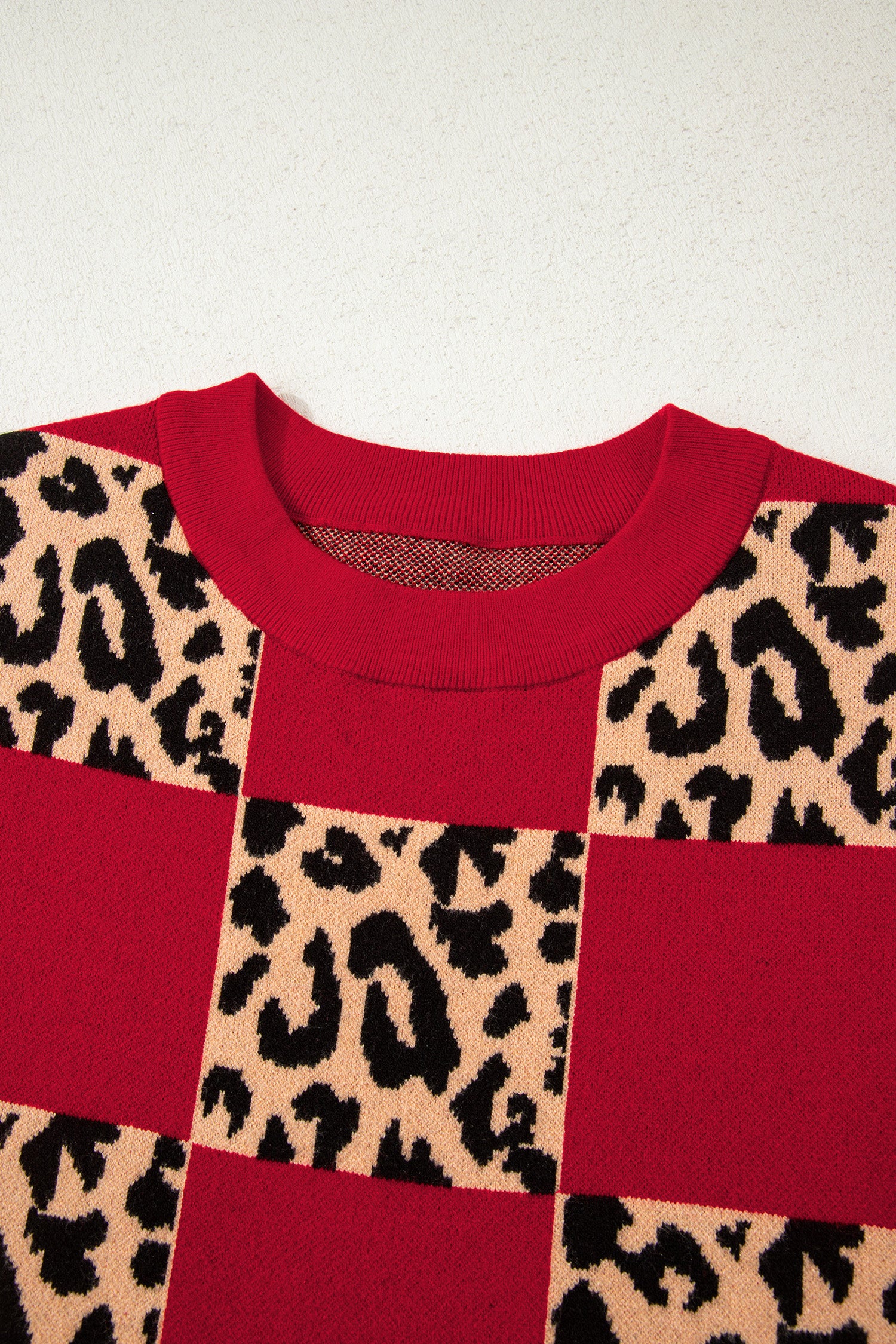 Rose Red Leopard Checkerboard Short Sleeve Knit Sweater