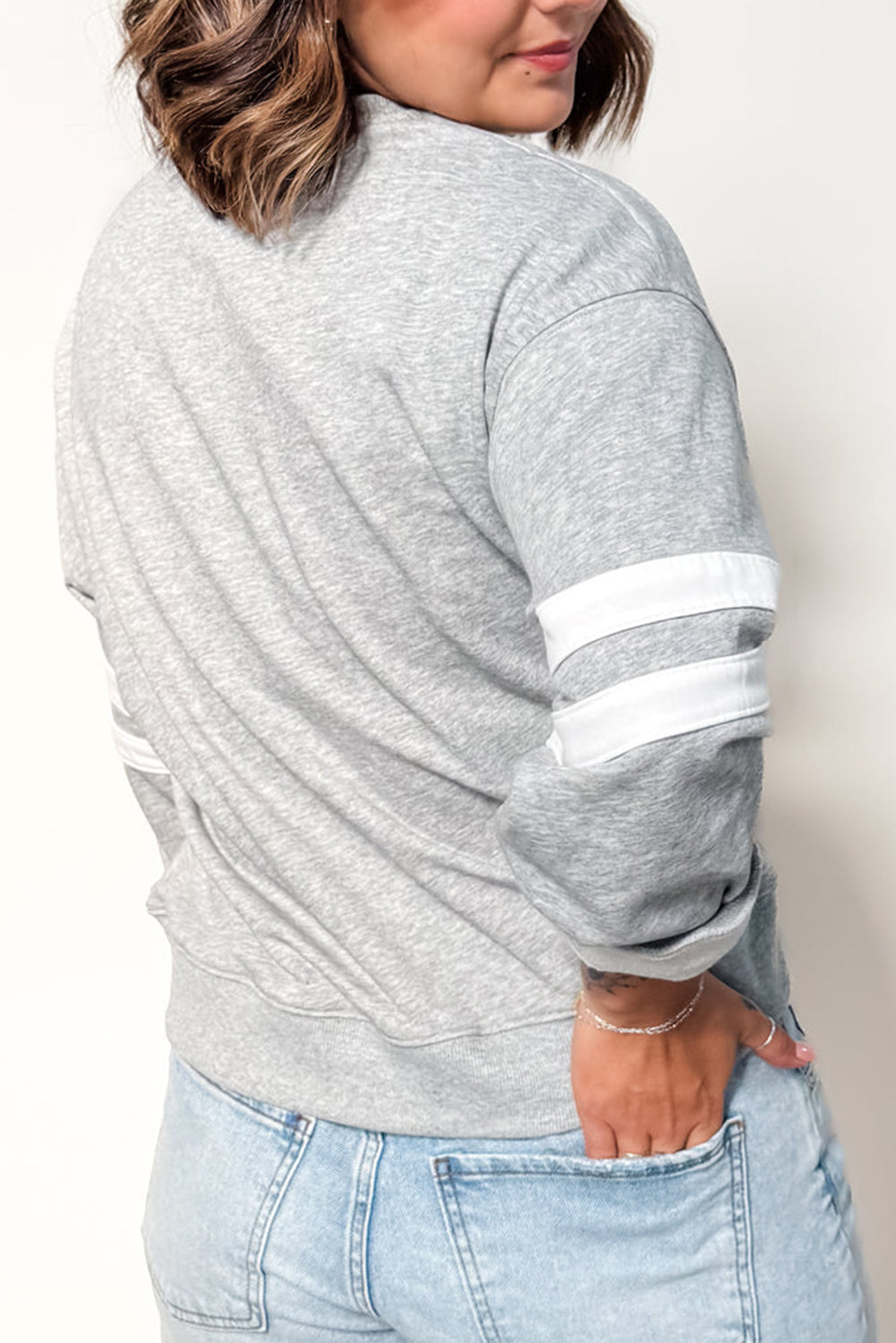 Fiery Red Varsity Striped Detail Plus Size Round Neck Sweatshirt