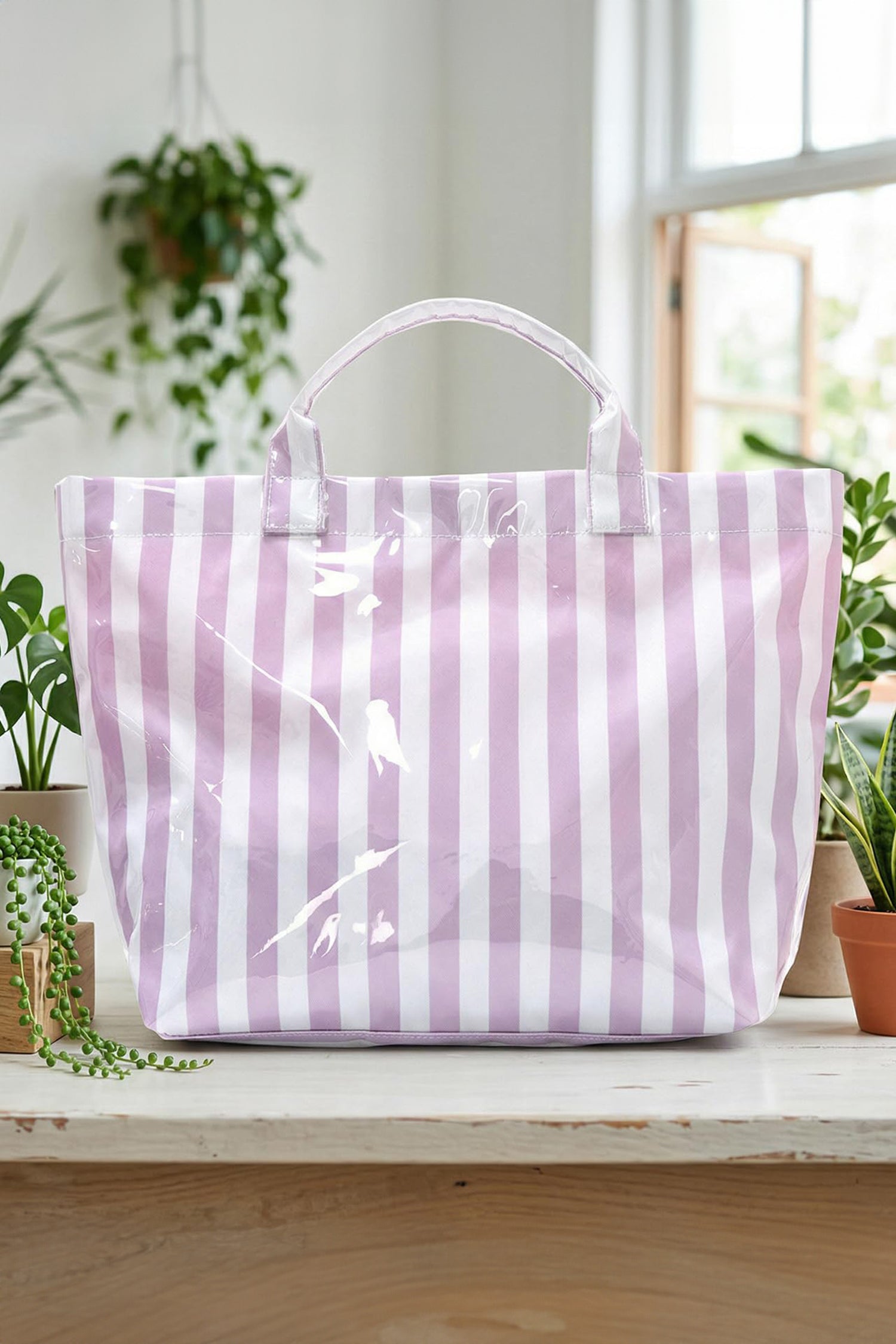Rose Red Glossy Striped Vinyl Large Tote Bag