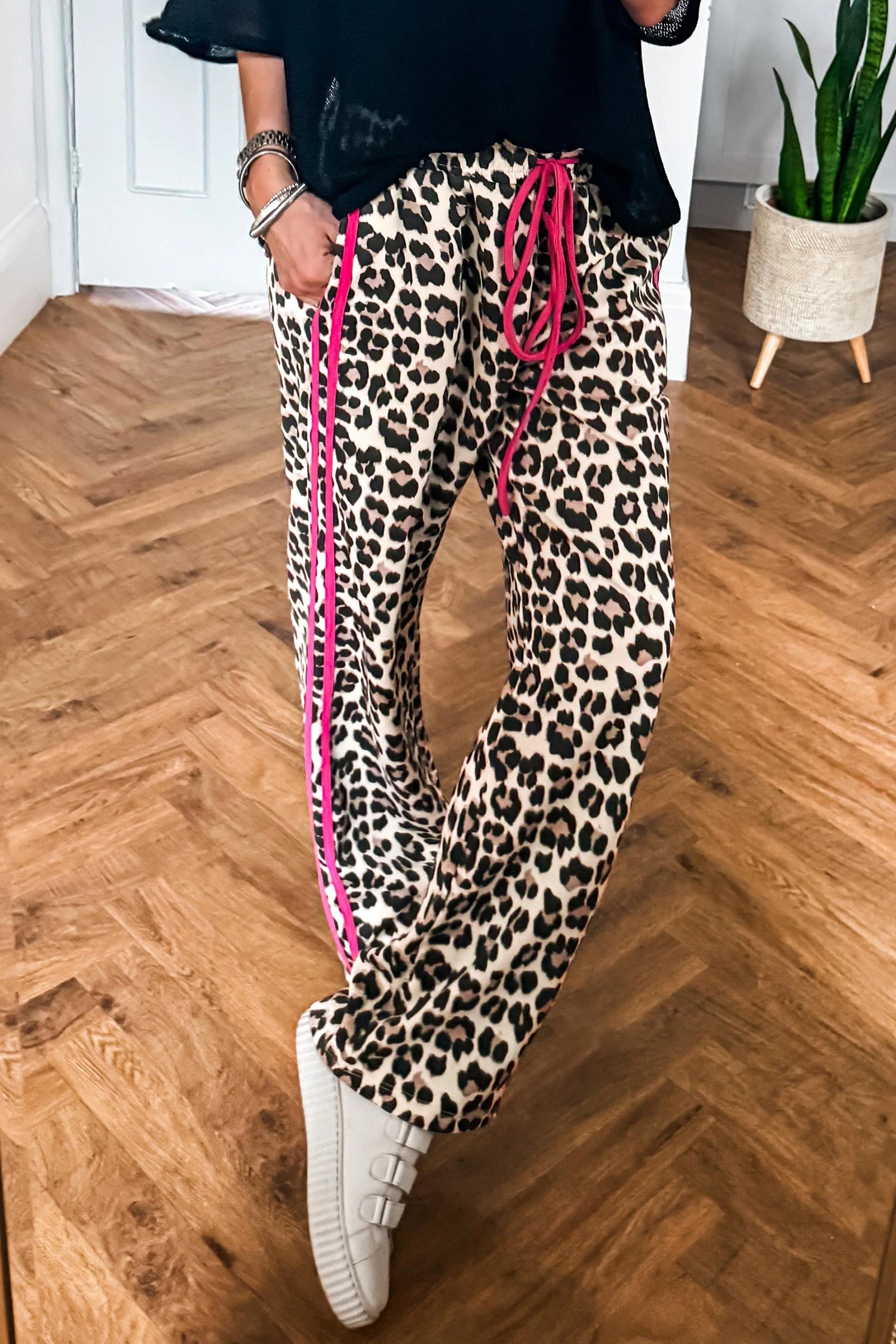 Red Side Stripe Leopard Wide leg Trousers