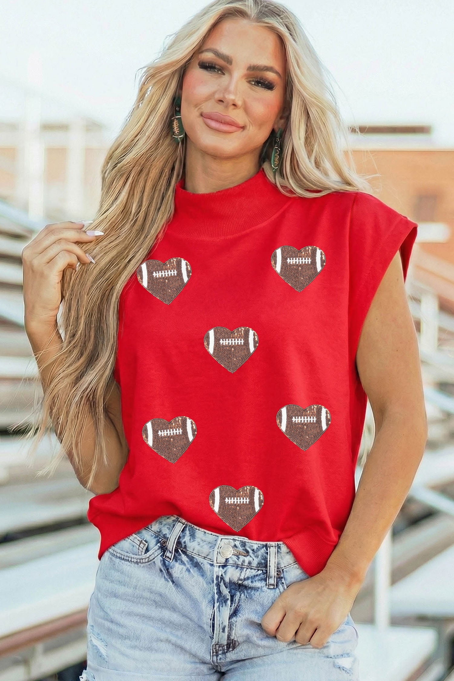 Racing Red Sequin Heart Football High Neck Casual Tunic Top