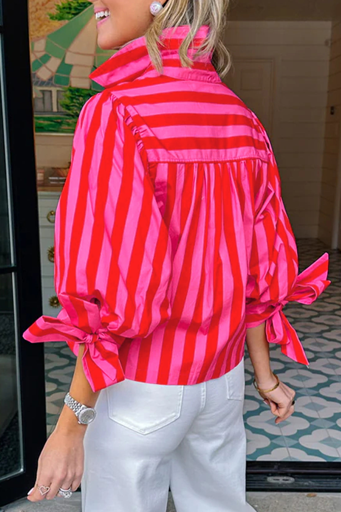 Red Stripe Tie Puff Sleeve Womens Button Down Shirt