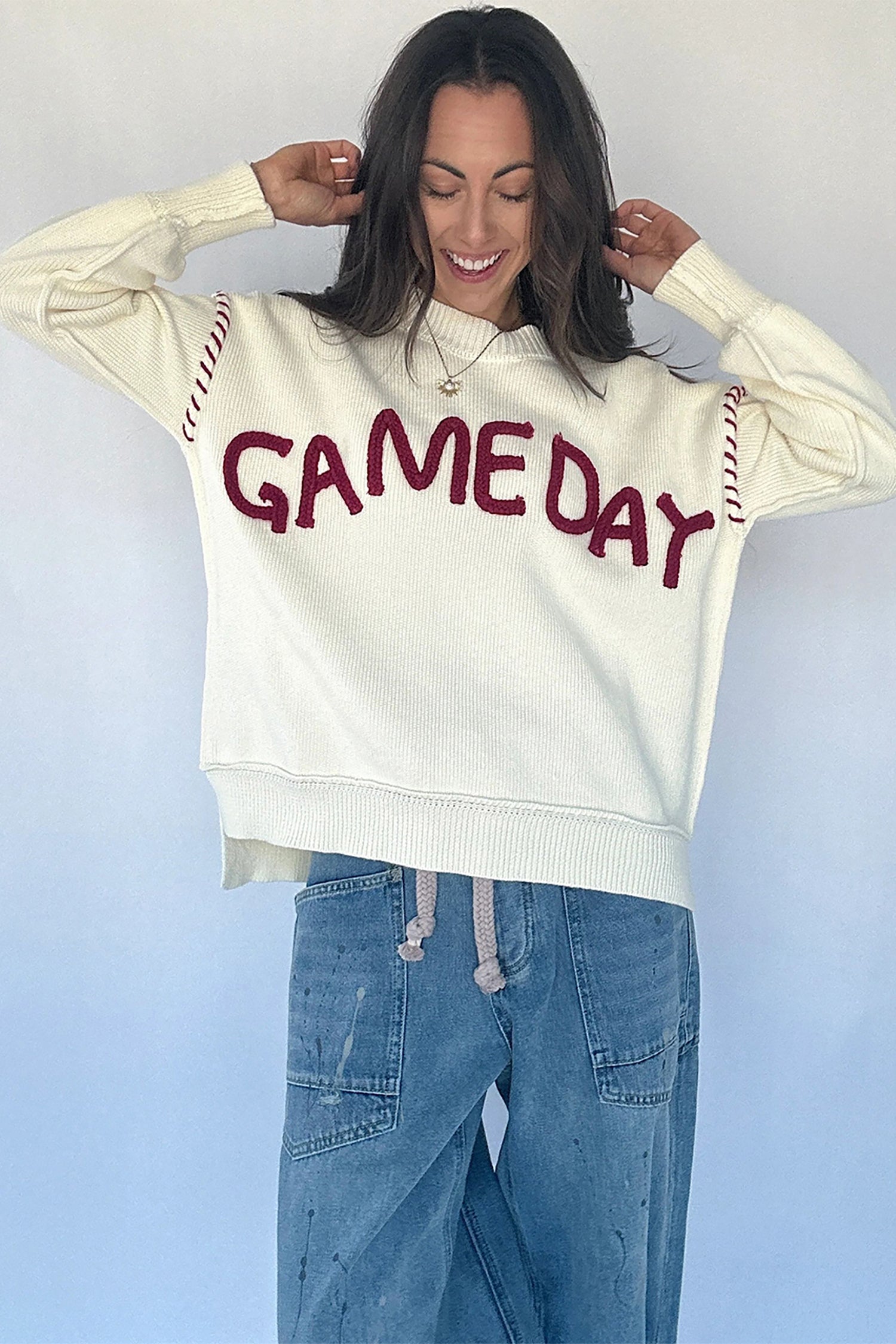 Beige Game Day Letter Print Round Neck Long Sleeve Casual Pullover Sweater