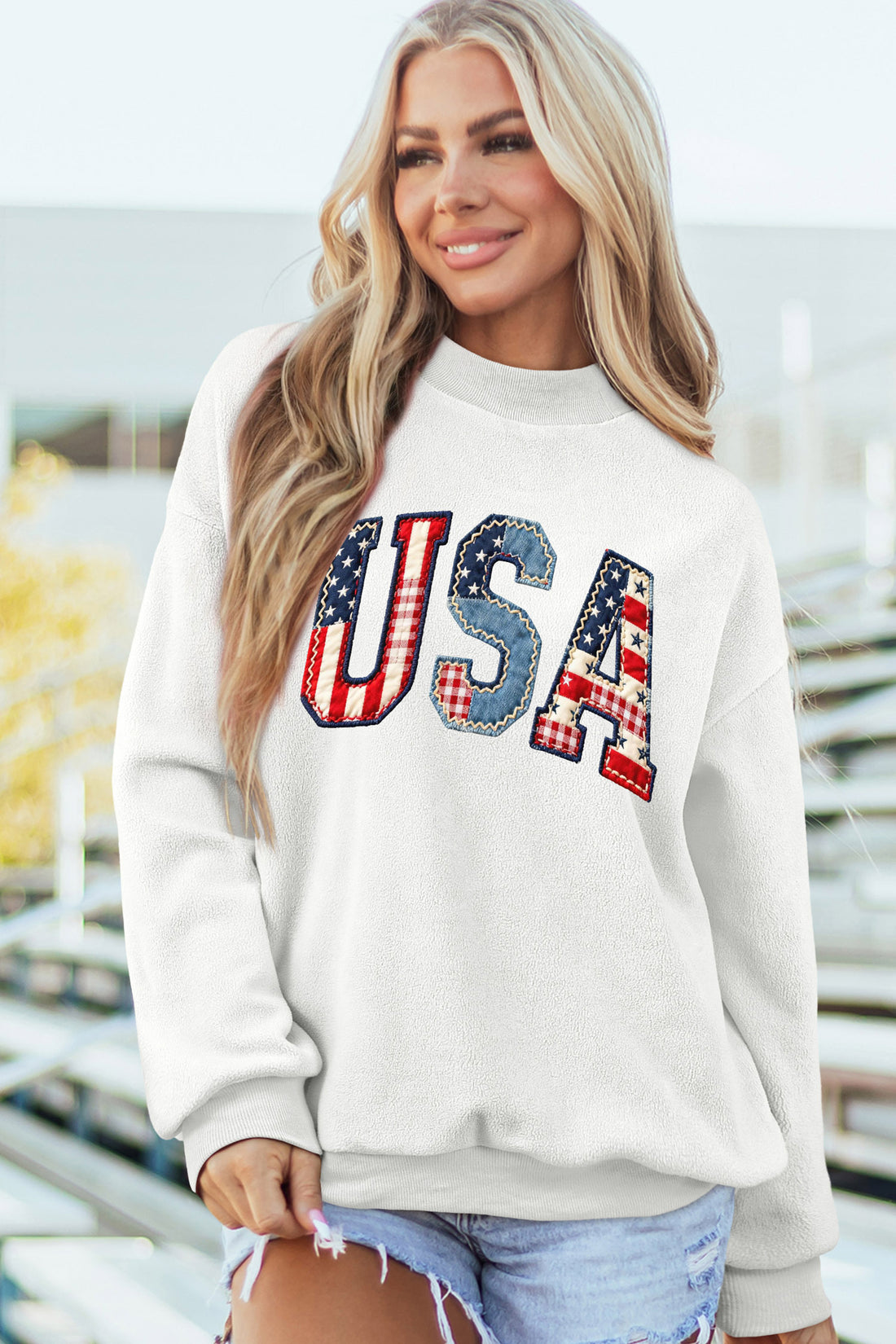 White Faux Patchwork Print USA Flag Double Side Printed Reversible Sweatshirt