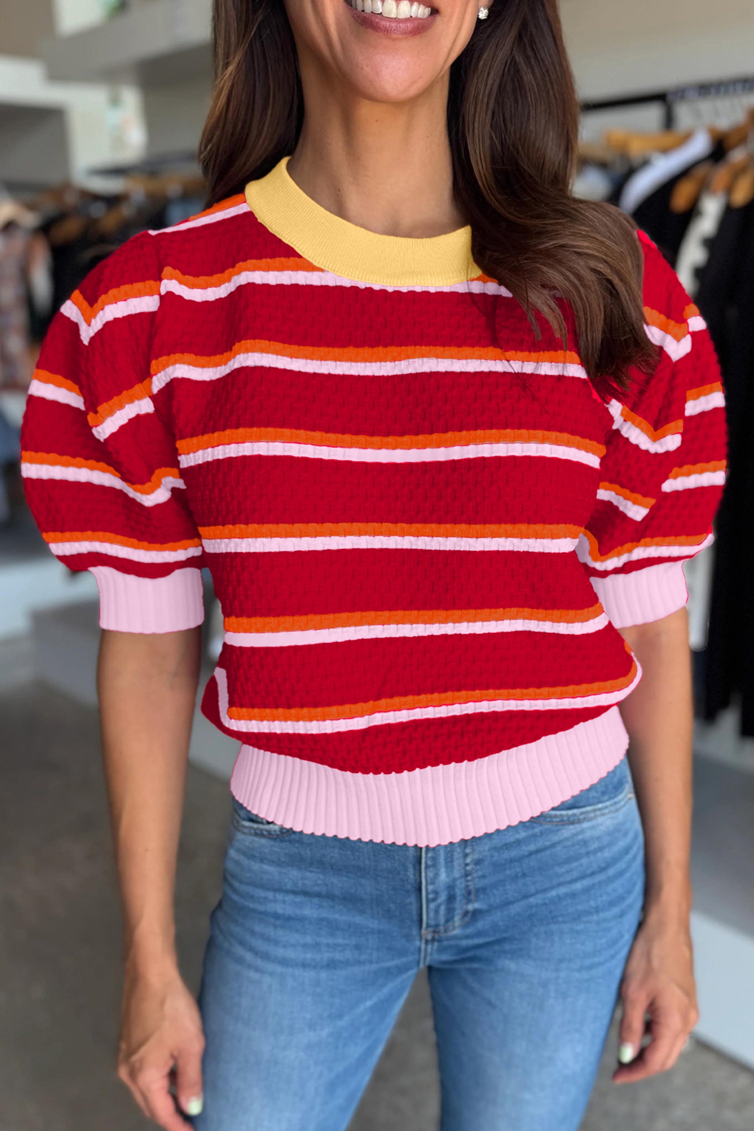 Sky Blue Stripe Colorblock Trim Half Sleeve Sweater Top