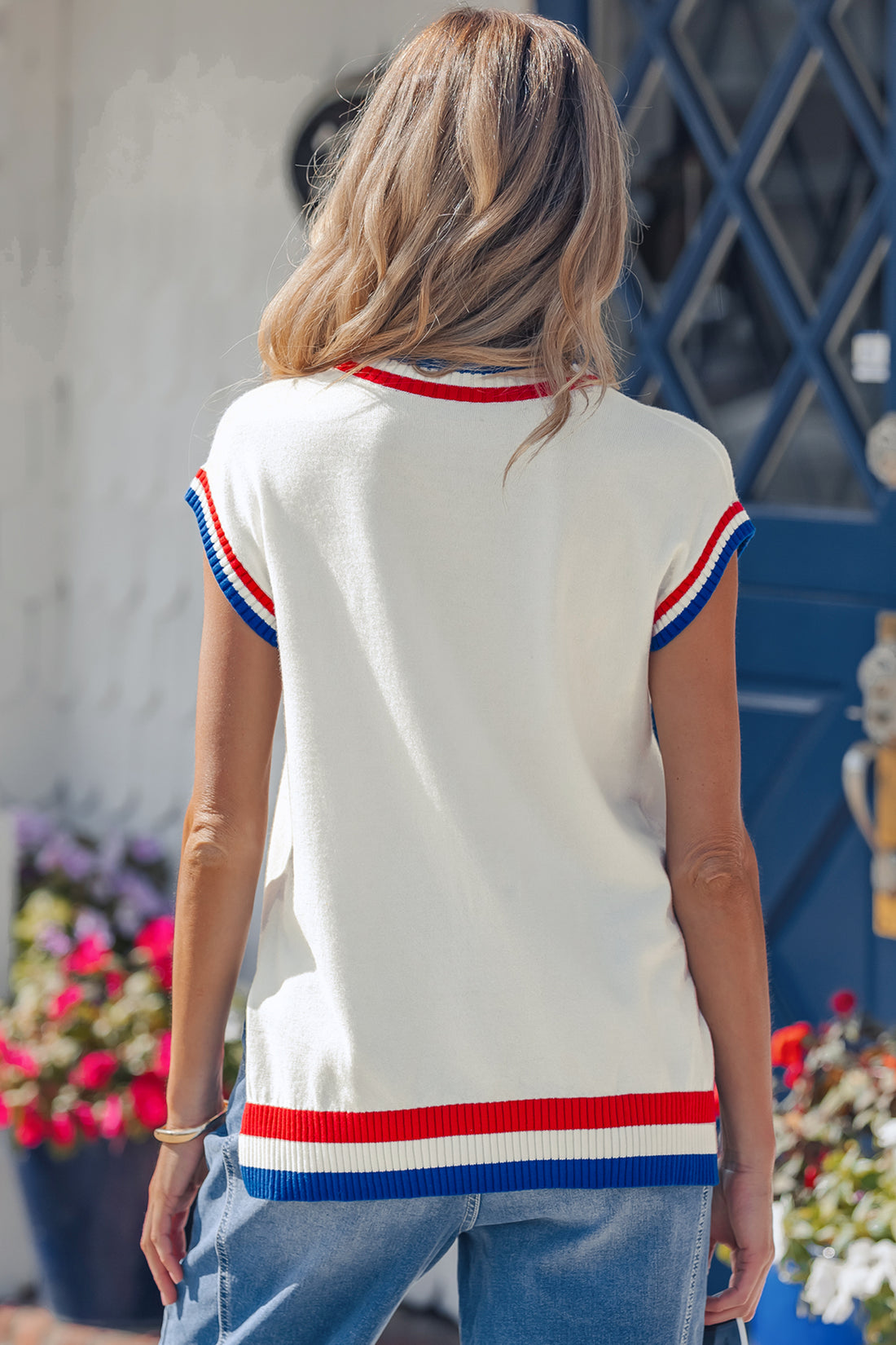 White USA Contrast Striped Trim Round Neck Short Sleeve Sweater