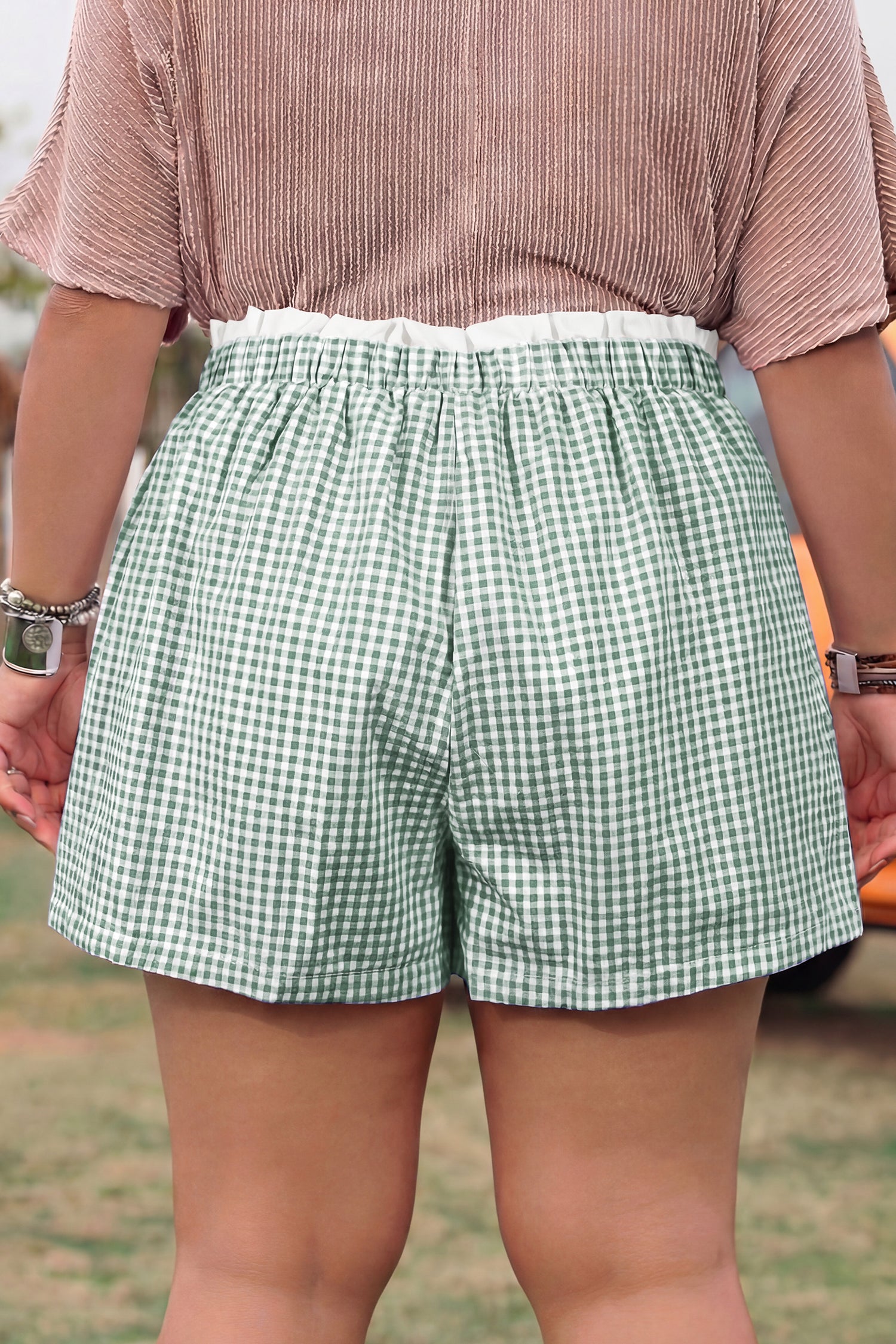 Khaki Contrast Trim Plaid Print Plus Size Shorts