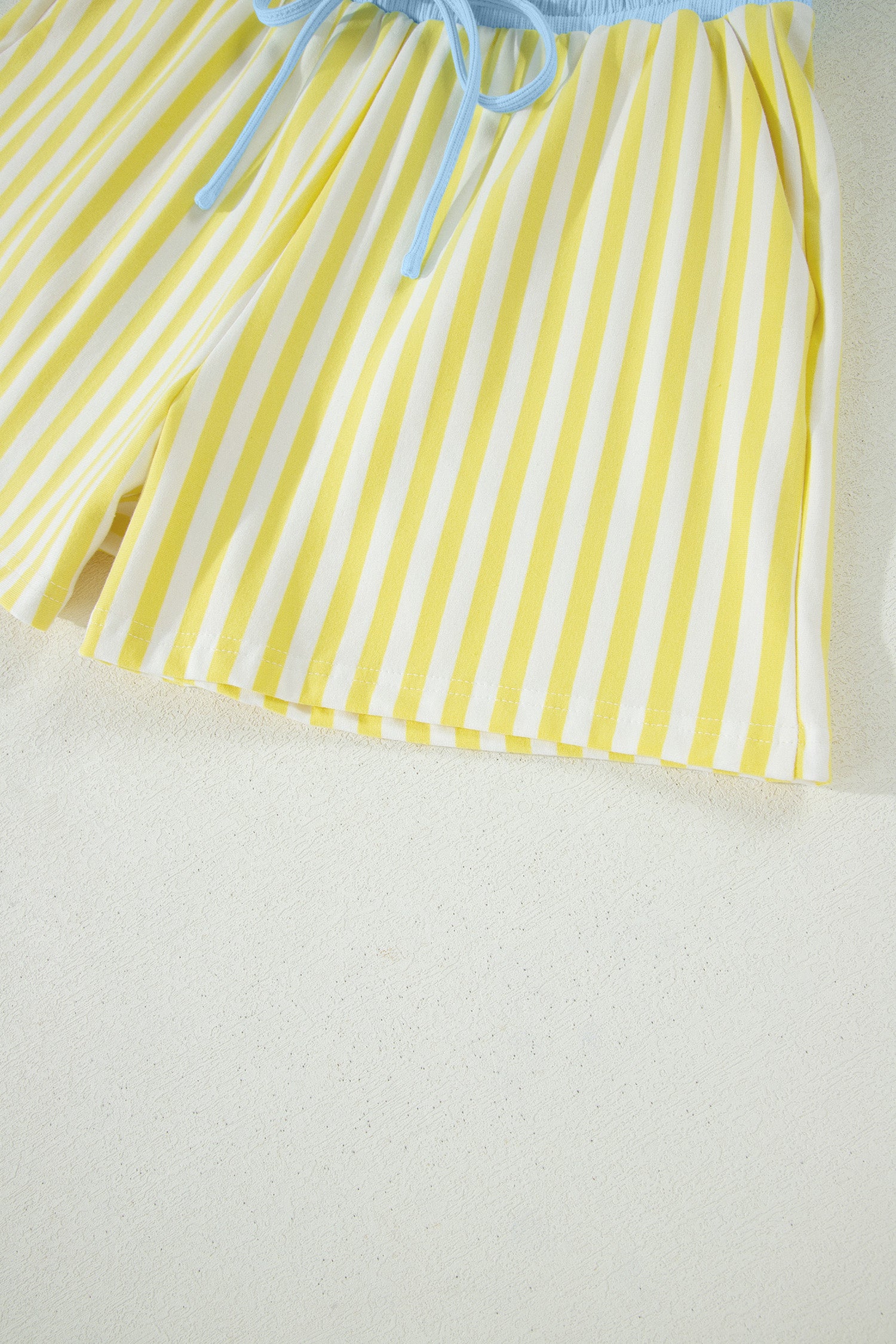 Red Stripe Colorblock Trim V Neck Tee Drawstring Elastic Waist Short Set
