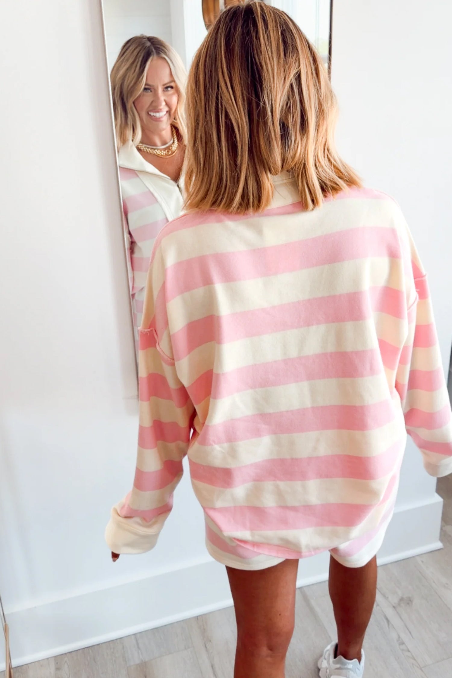 Pink Stripe Striped Zipper Pullover Shorts Set Two Piece Casual Pants Sets