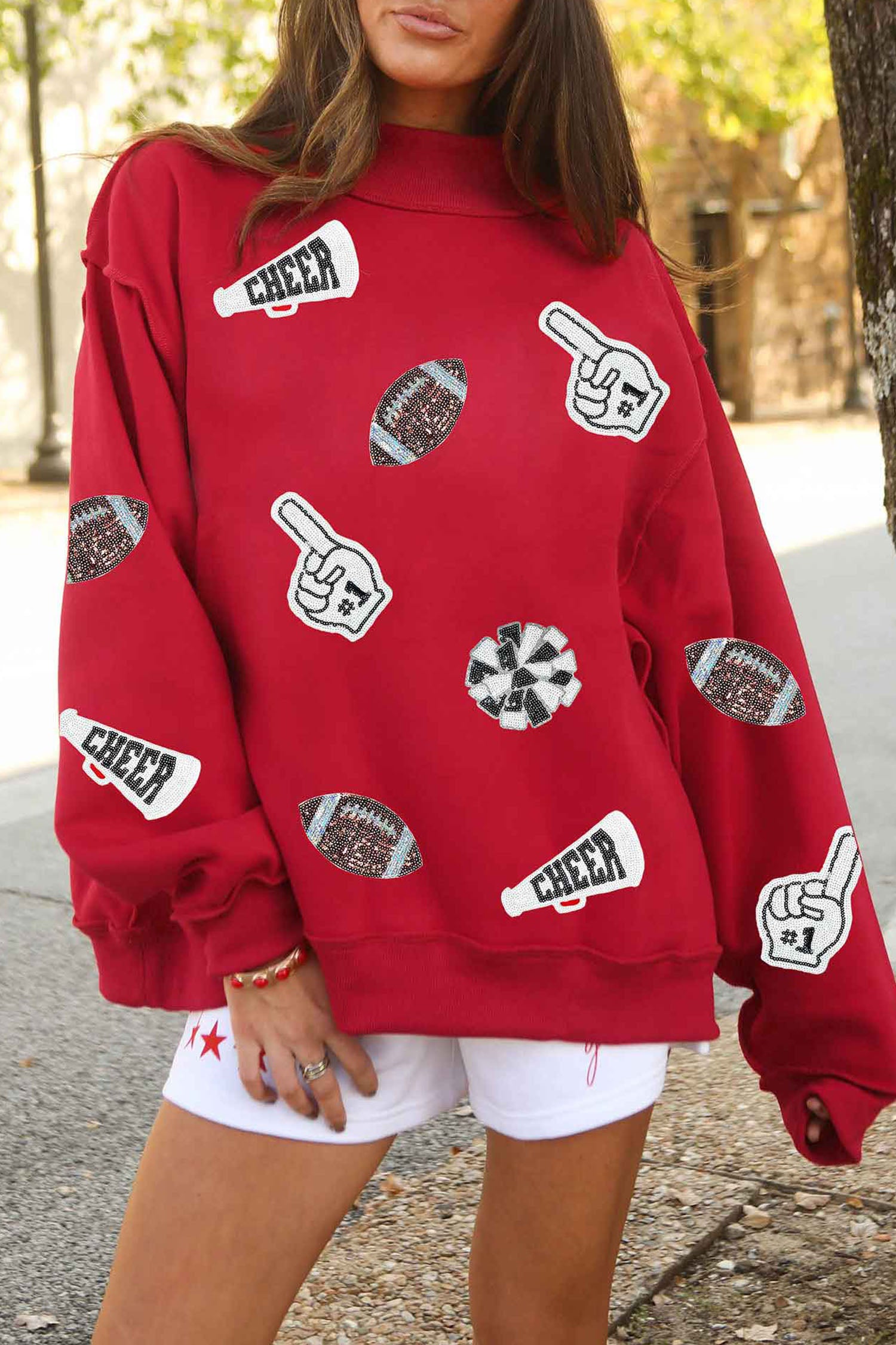 Racing Red Exposed Seam Mock Neck Dropped Shoulder Sequin Game Day Cheer Sweatshirt