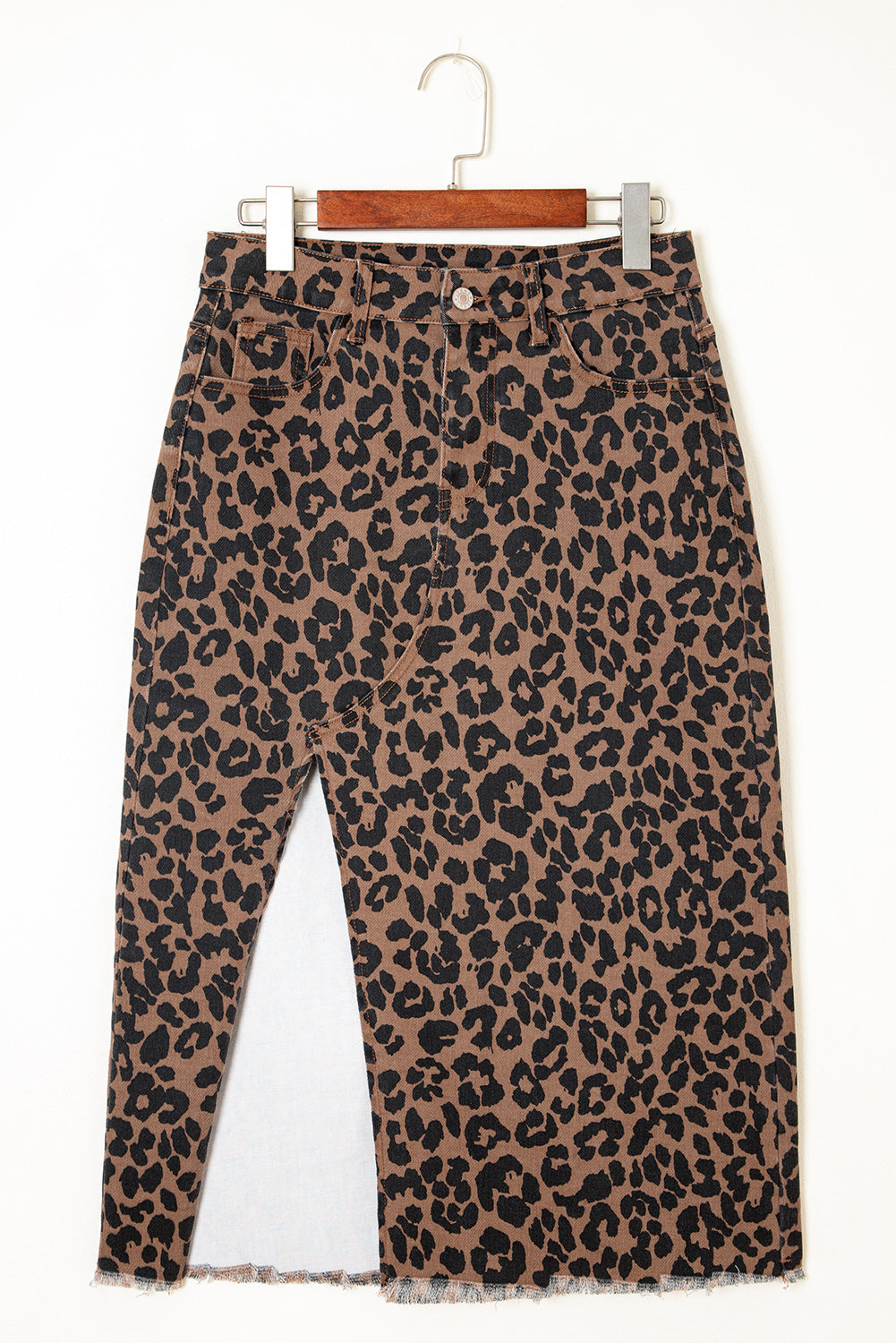Brown Leopard Print Frayed Edge Denim Skirt Long Casual Daily Wear