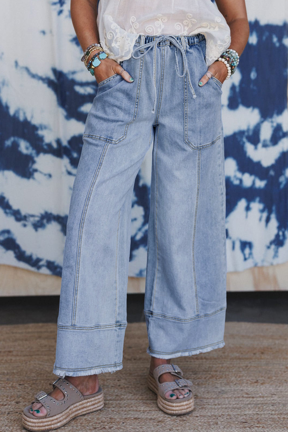 Gray Drawstring Seam Detail Raw Hem Wide Leg Jeans