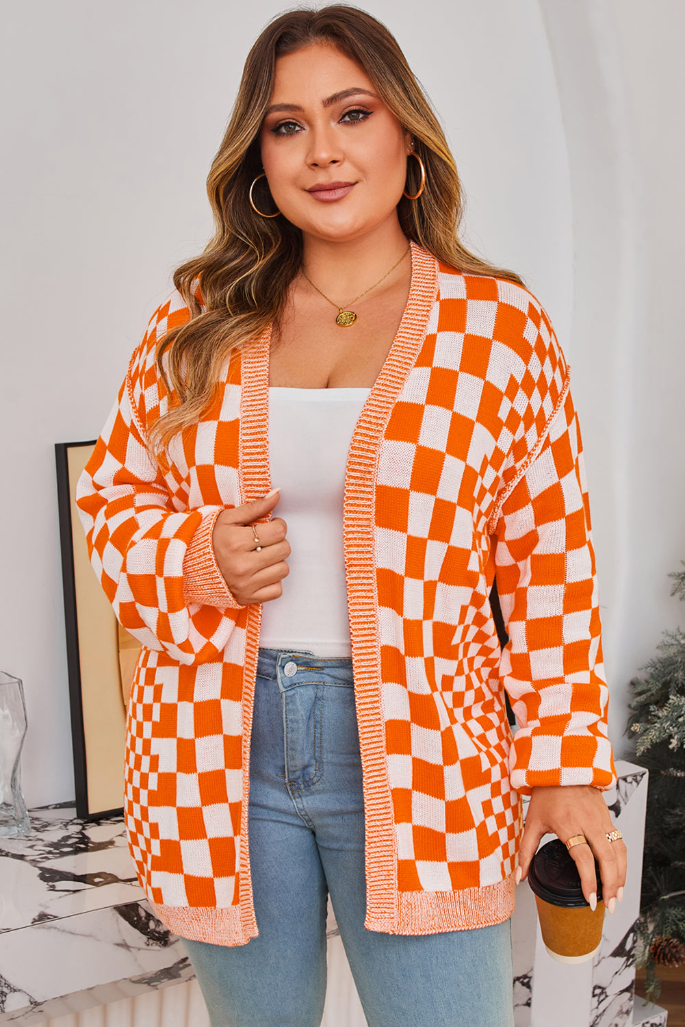 Orange Checkered Plus Size Drop Shoulder Knit Cardigan