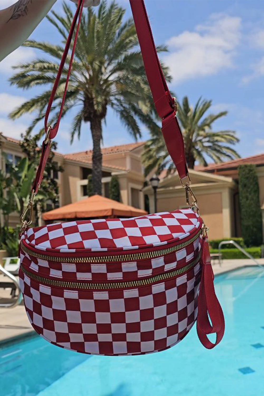 Chestnut Checkered Print Wide Strap Large Crossbody Bag
