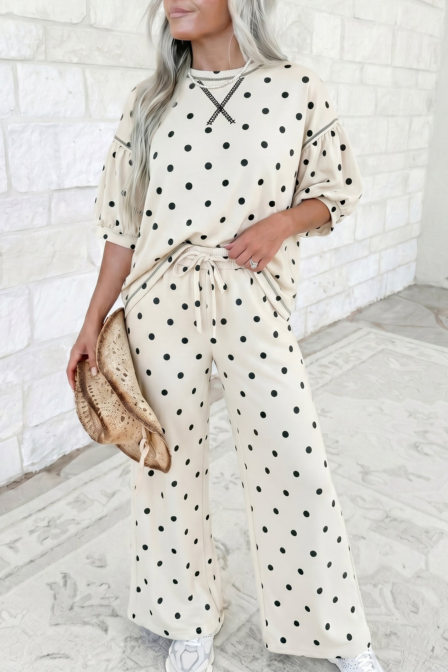 Beige Polka Dot Two Piece Set Casual Half Sleeve Shift Daily Wear Pantsuit