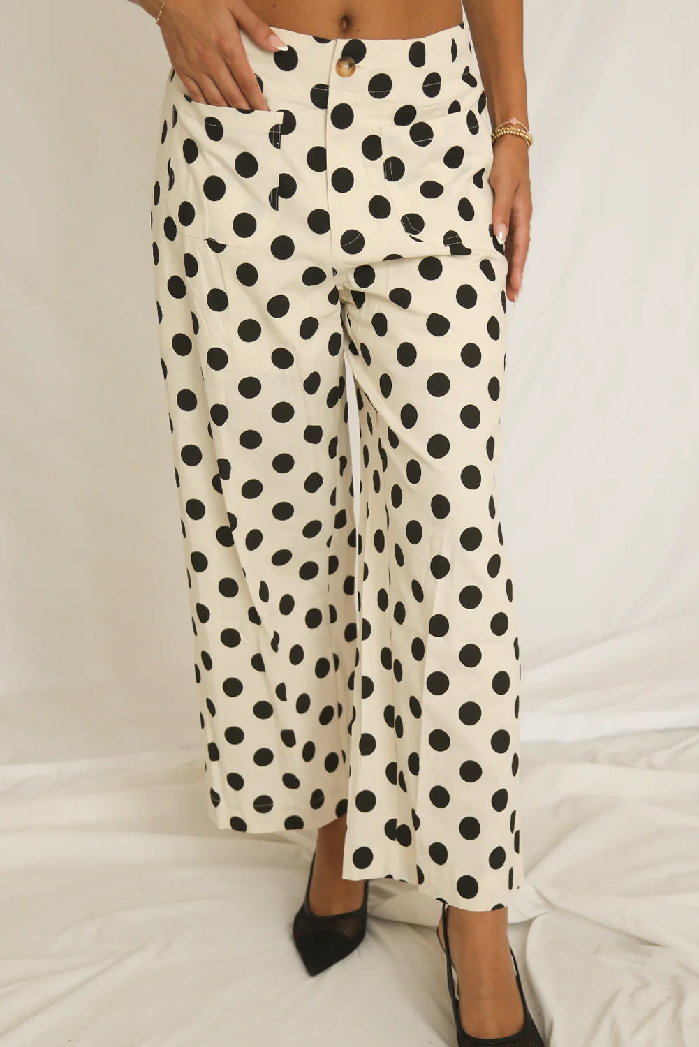 Sky Blue Polka Dot Print Patched Pocket Mid-rise Straight Leg Pants