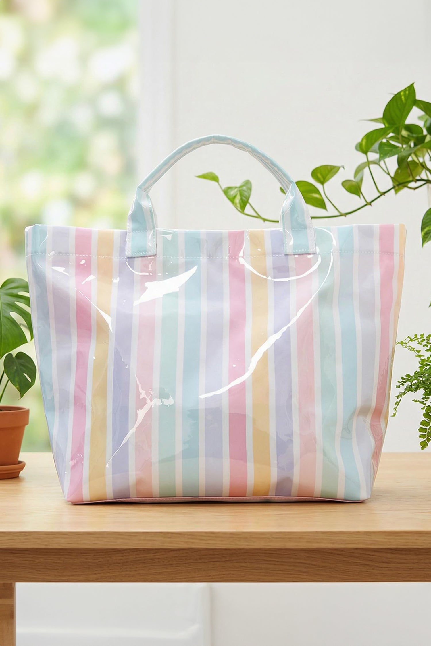 Rose Red Glossy Striped Vinyl Large Tote Bag