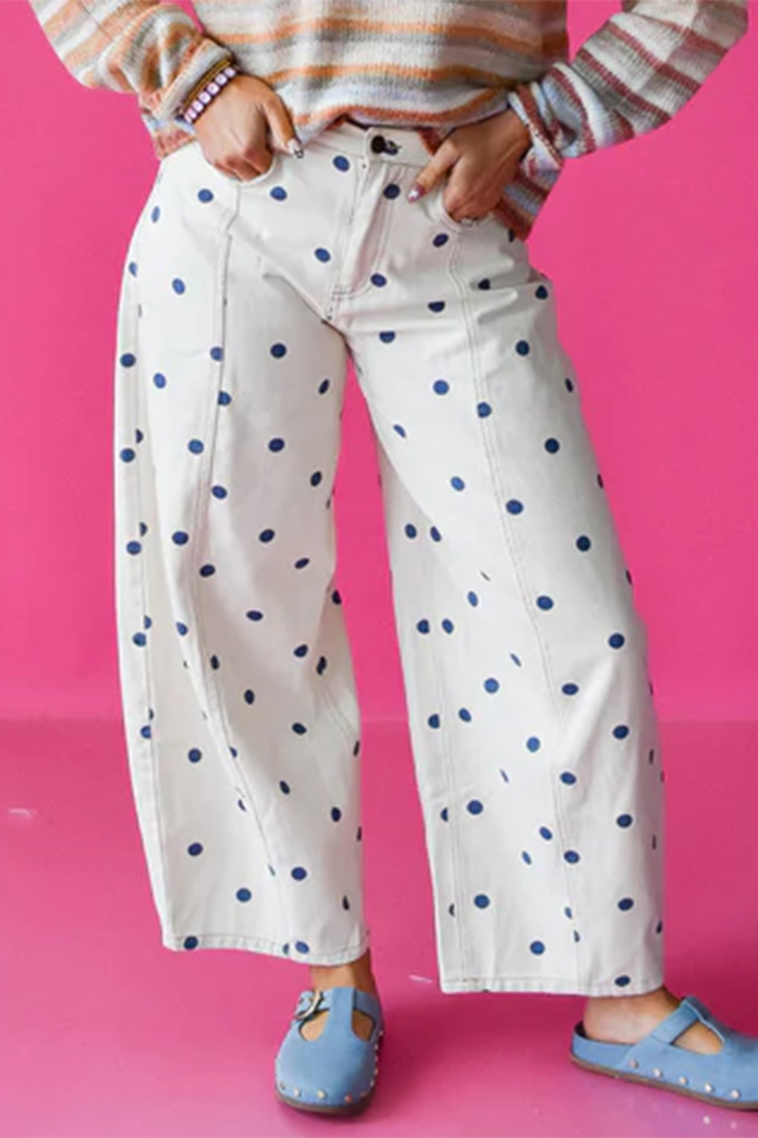 Pink Polka Dot Print Seam Detail Barrel Jeans