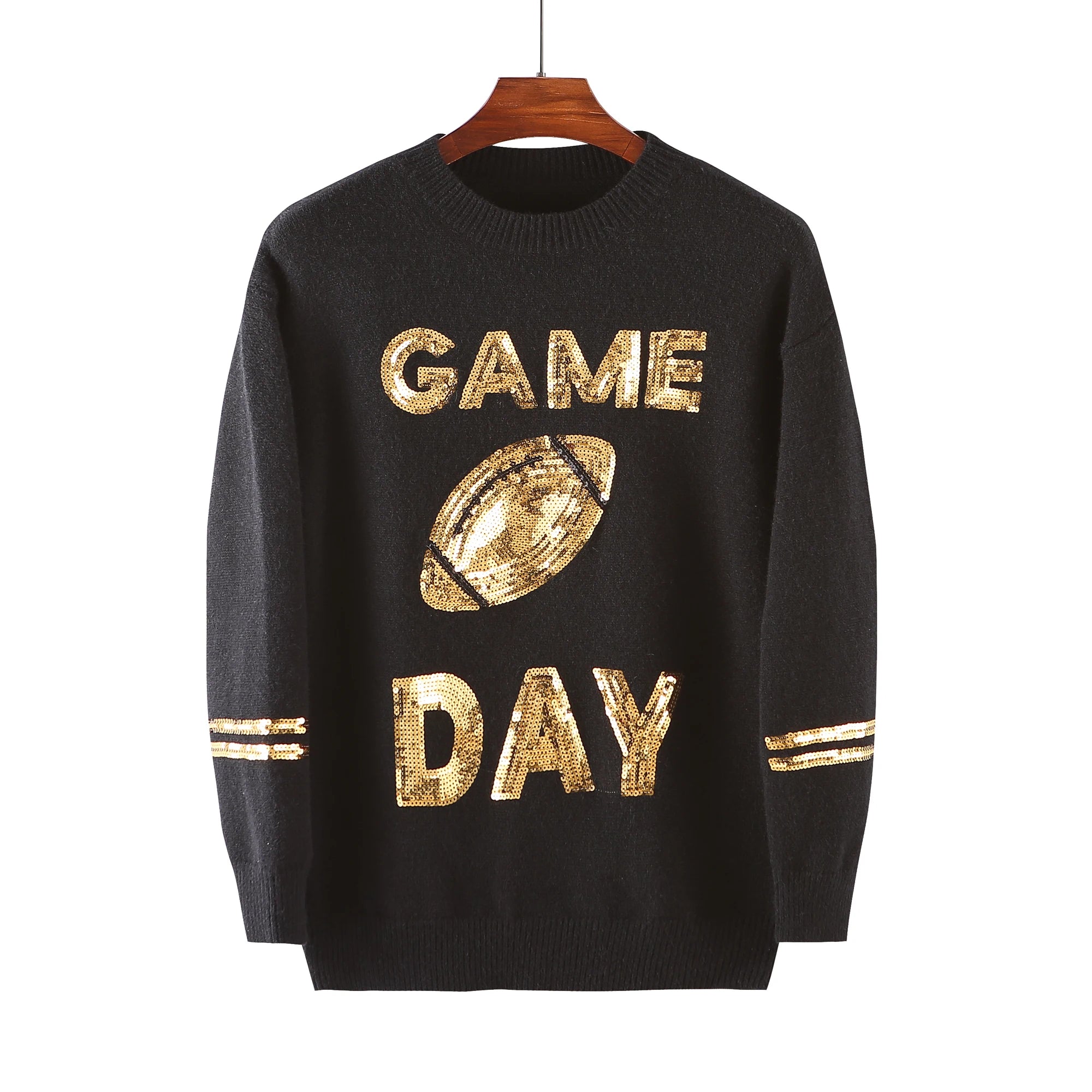 Woman Clothing Black and Gold Pullovers Game Day Sequins Sweater Women