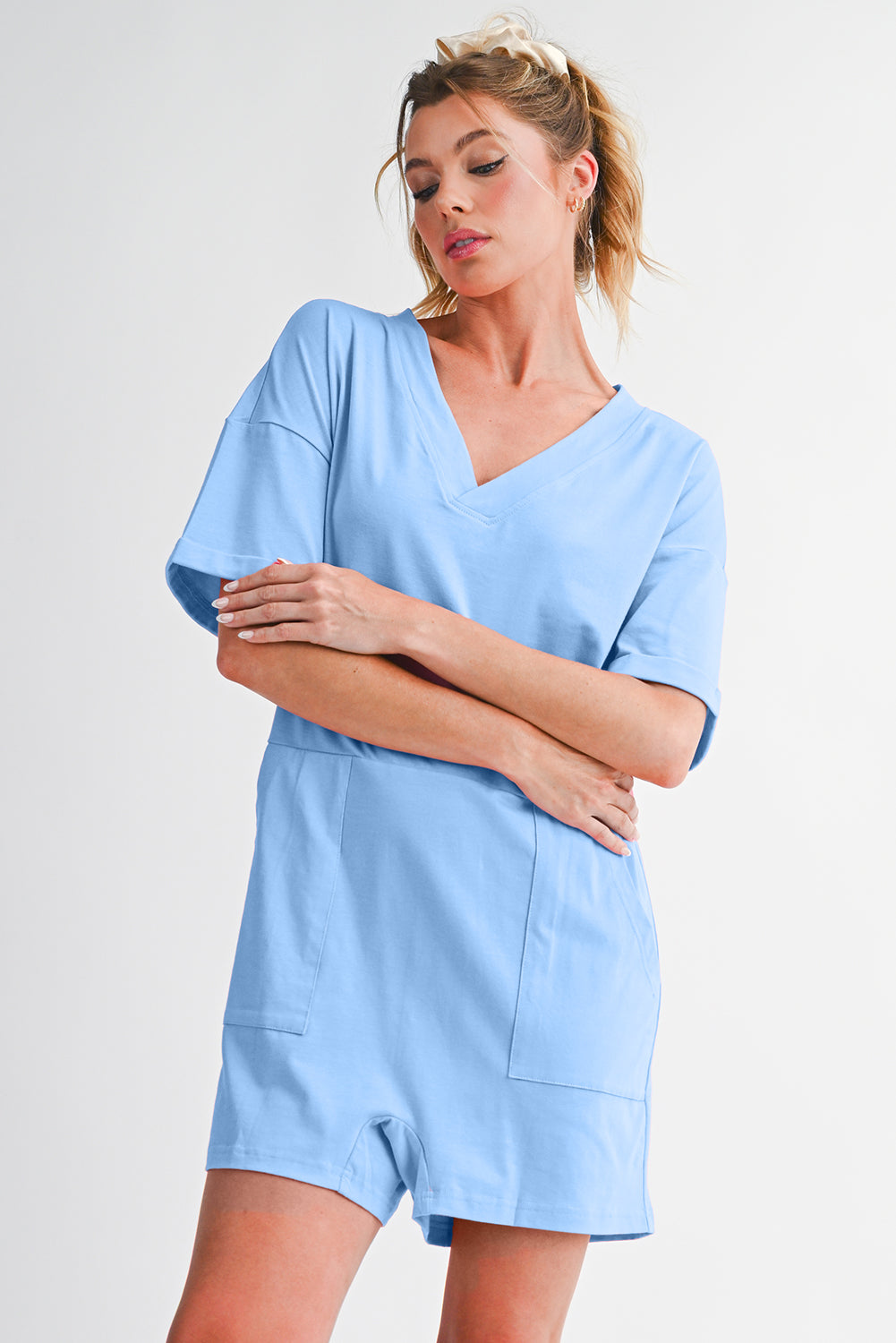 Myosotis Loose Half Sleeve V Neck Plain Romper