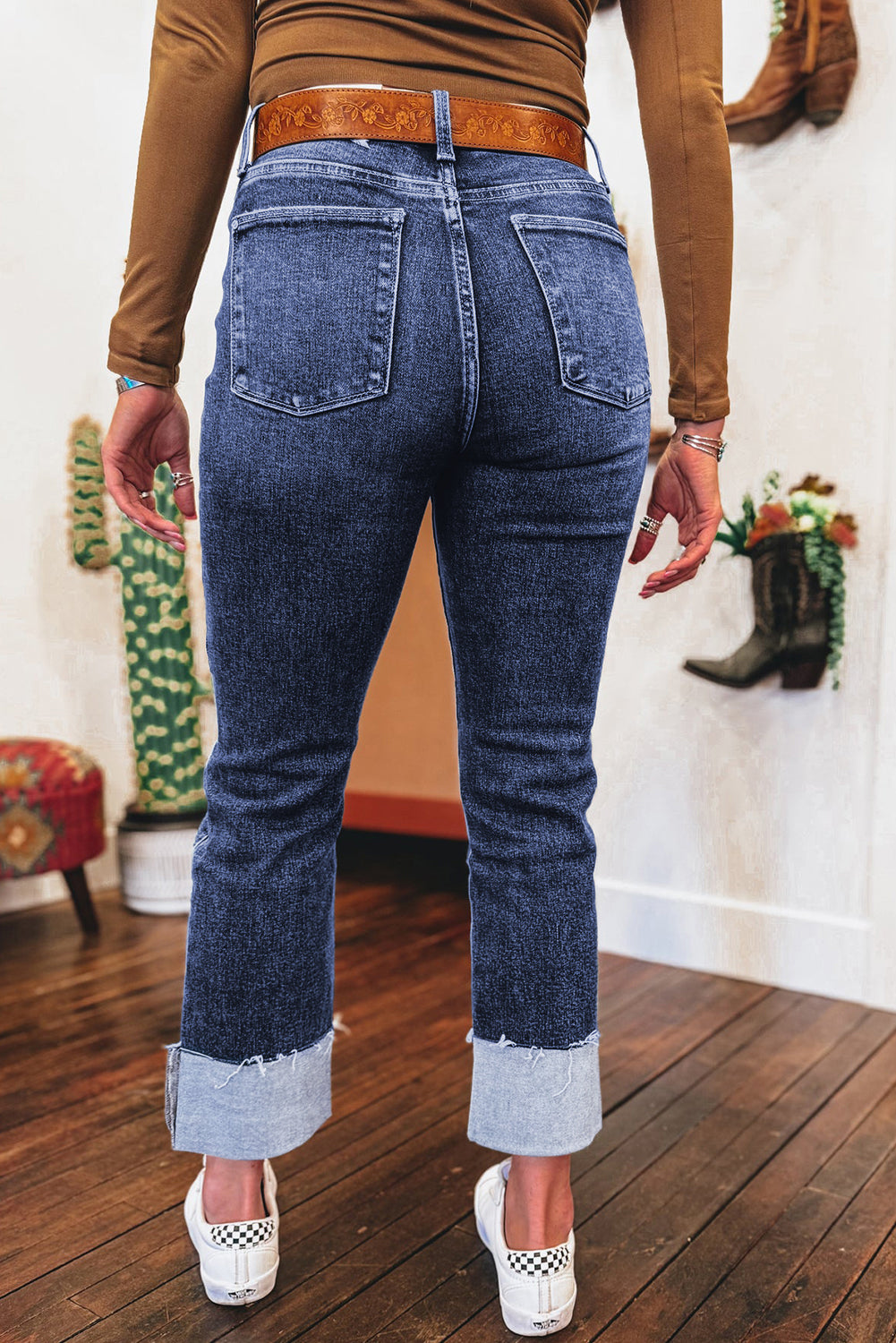 Real Teal Folded Cuffs Distressed High Waist Jeans
