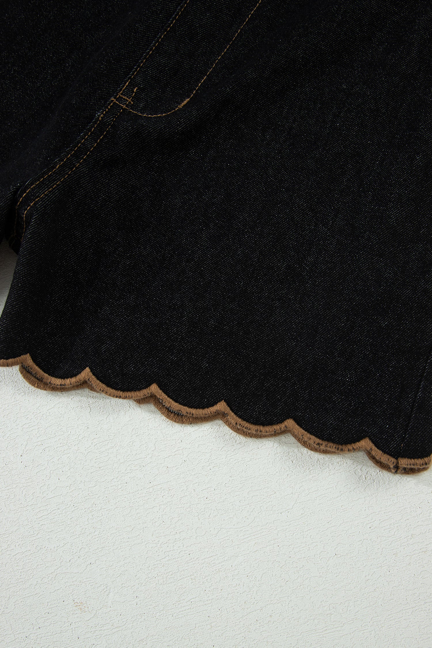 Navy Blue Embroidered Scalloped Trim Relaxed Denim Shorts