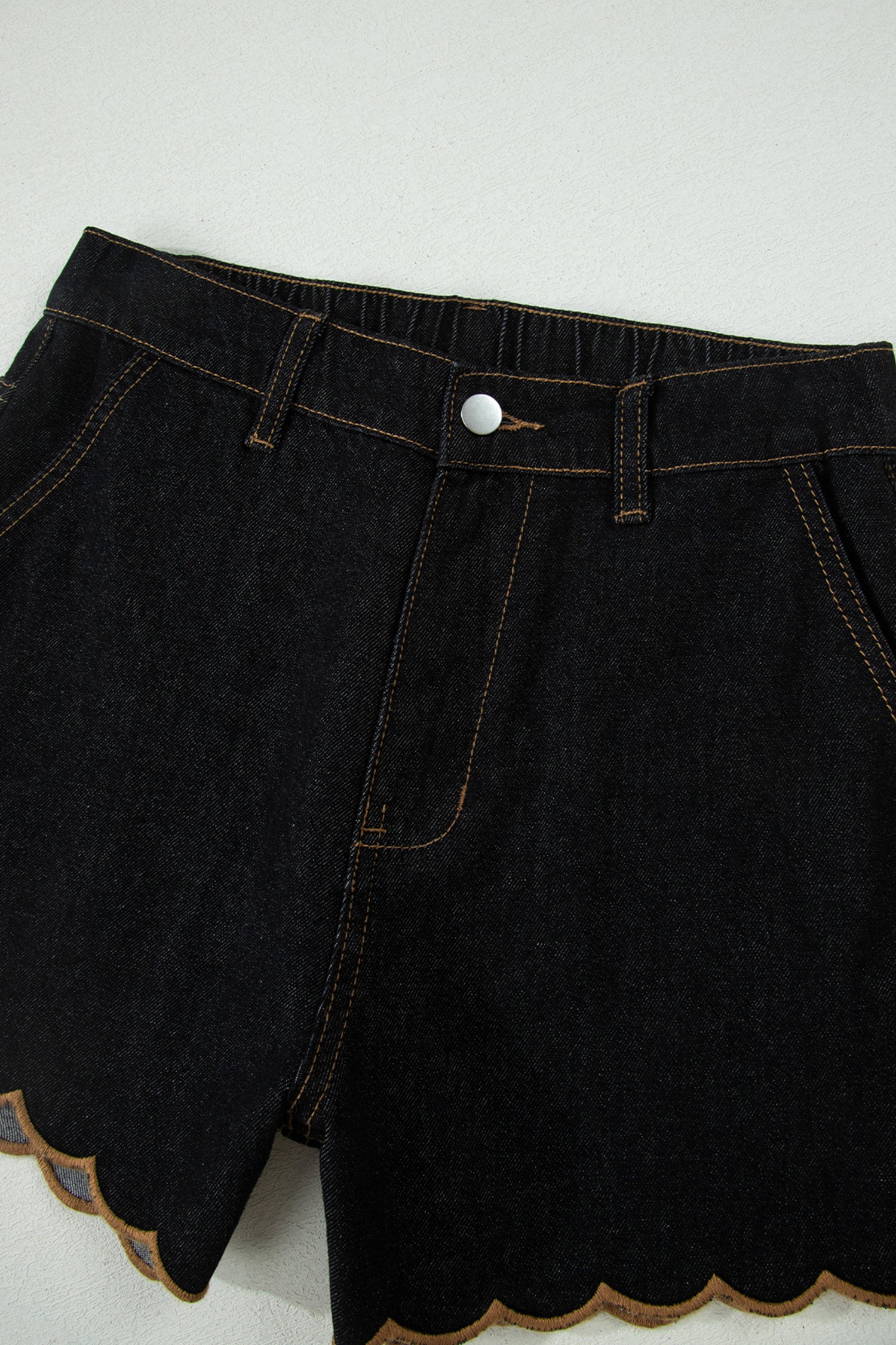 Navy Blue Embroidered Scalloped Trim Relaxed Denim Shorts
