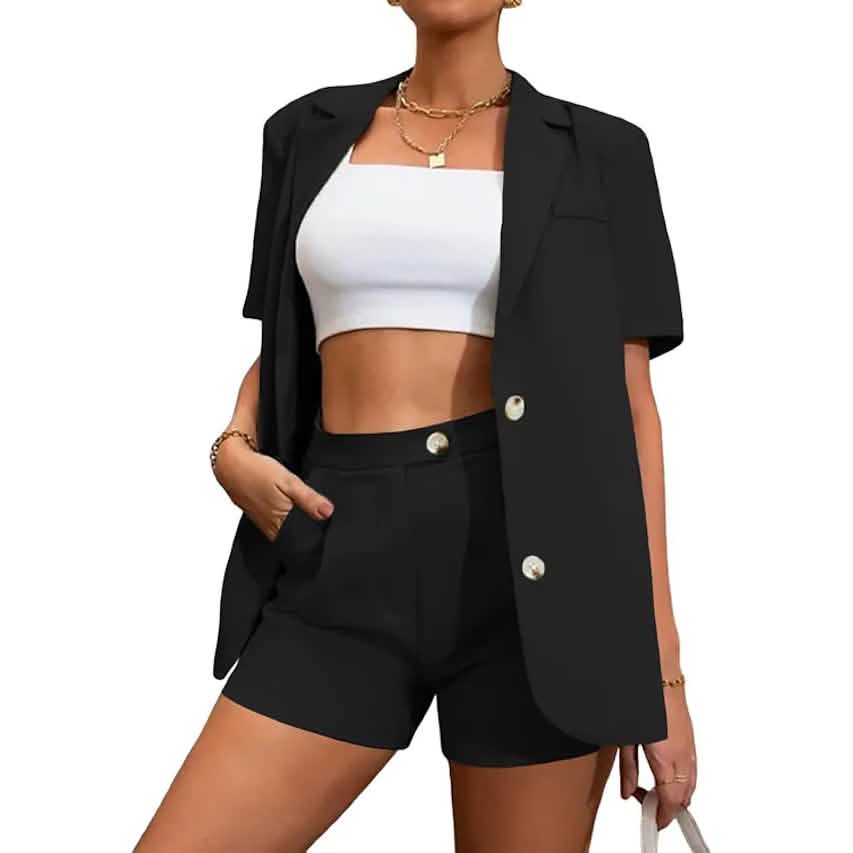 2-Piece Set: Women's Solid Color Blazer Shorts