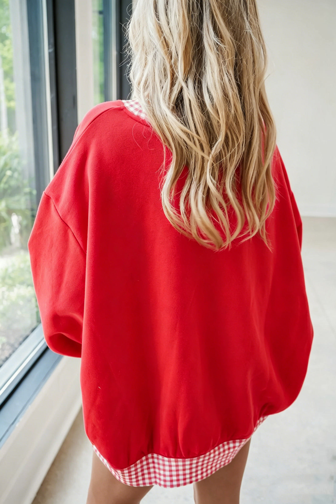 Fiery Red Colorblock Polka Dot/ Plaid High Neck Oversized Sweatshirt