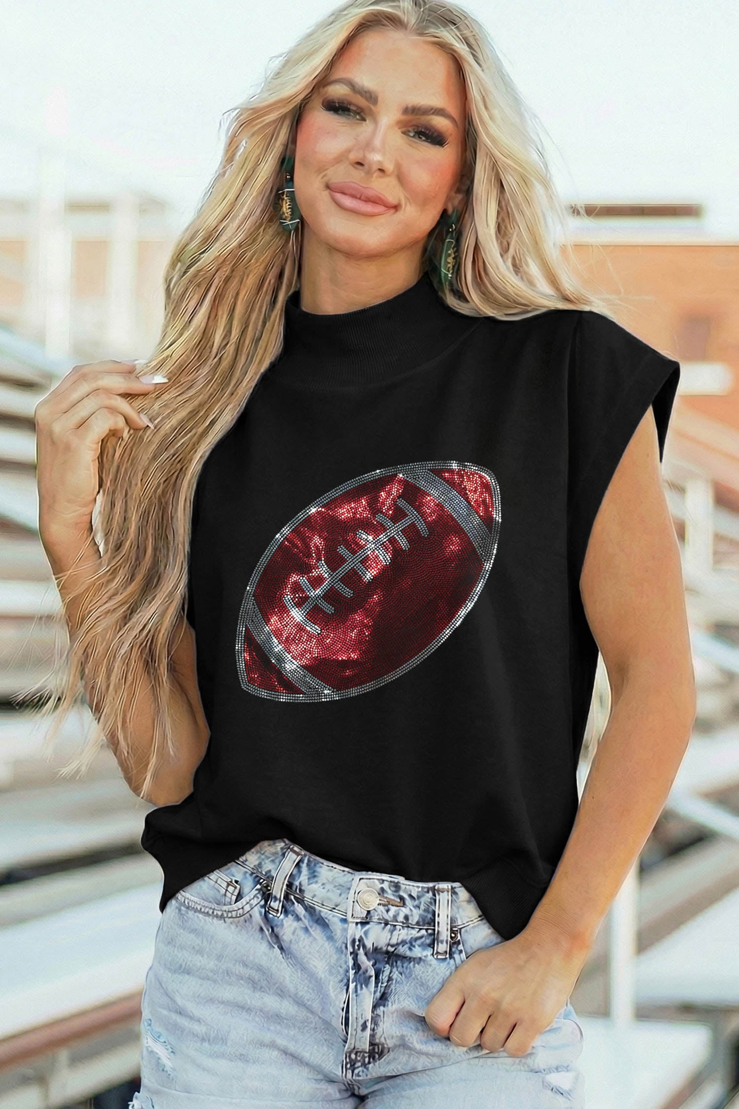 Black Rhinestone Rugby Football Pattern High Neck Short Sleeve Top