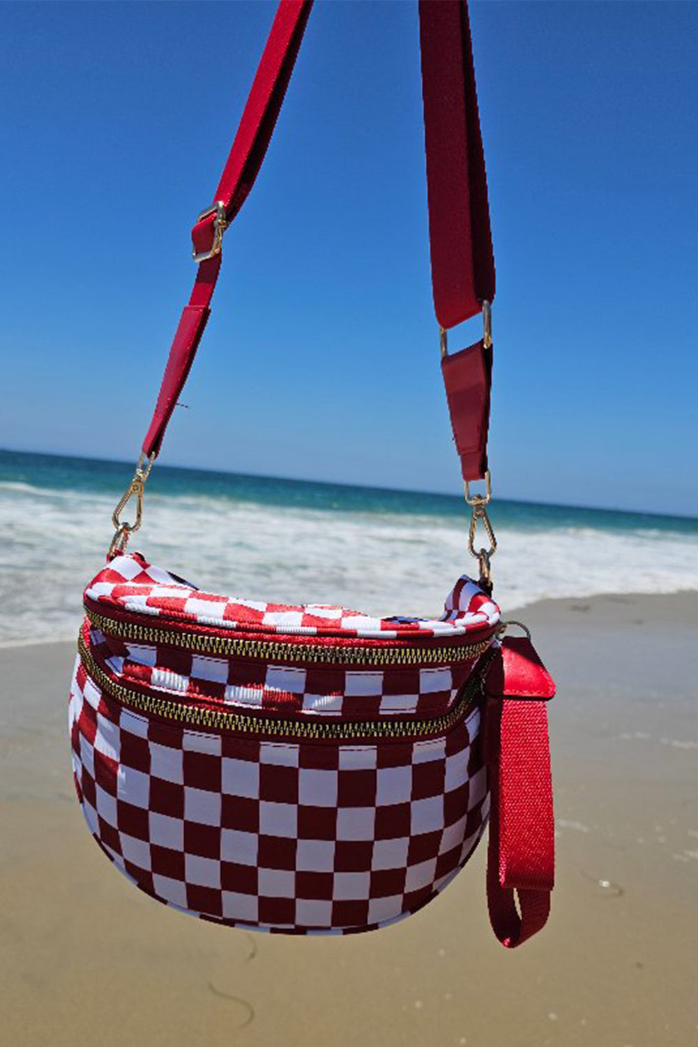Chestnut Checkered Print Wide Strap Large Crossbody Bag