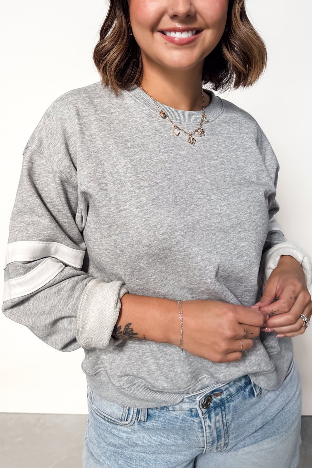 Fiery Red Varsity Striped Detail Plus Size Round Neck Sweatshirt