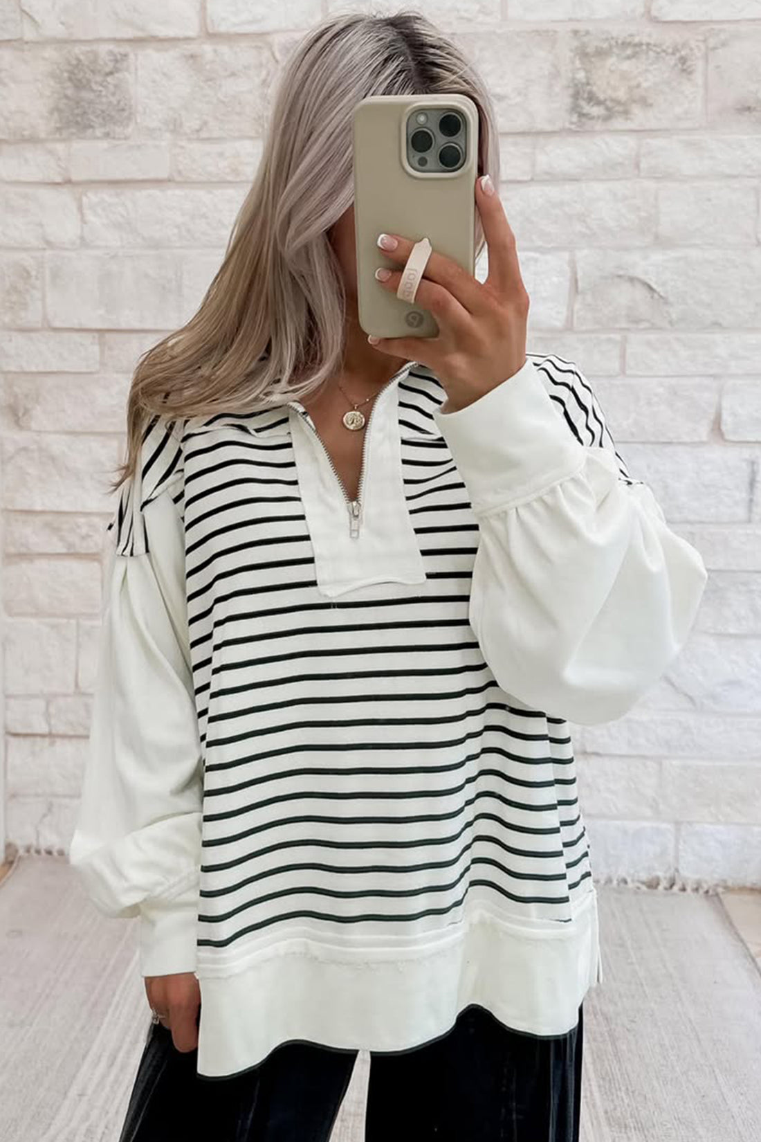 White Stripe Striped Patchwork Pullover Half Zipper Collar Long Sleeve Casual Top