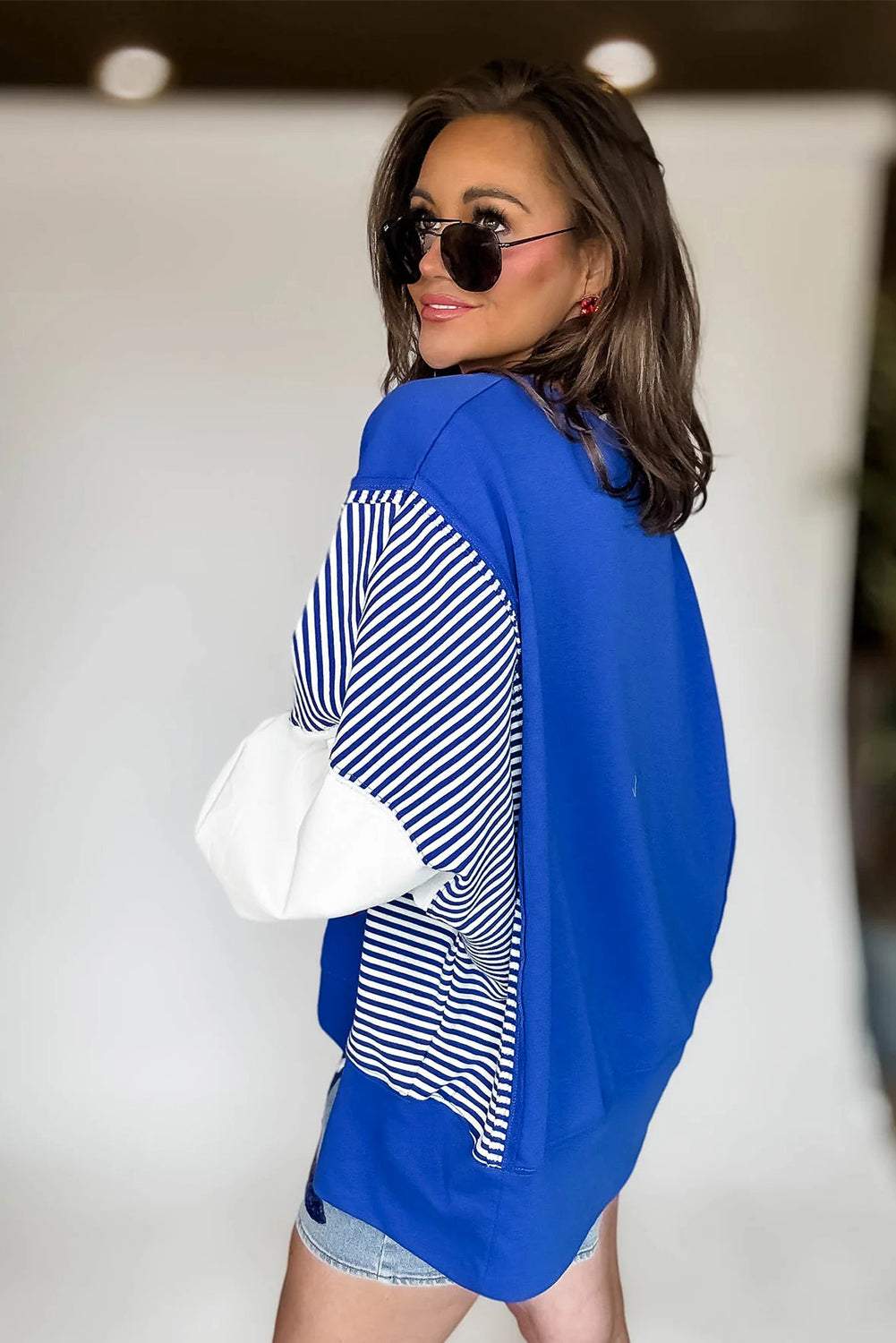 Fiery Red Striped Patchwork Sleeve Colorblock Sweatshirt