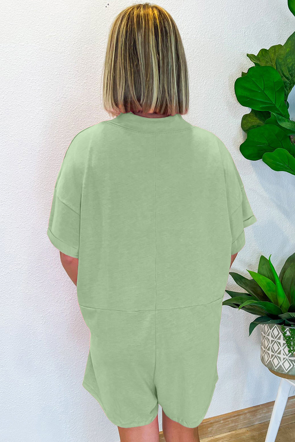 Myosotis Loose Half Sleeve V Neck Plain Romper