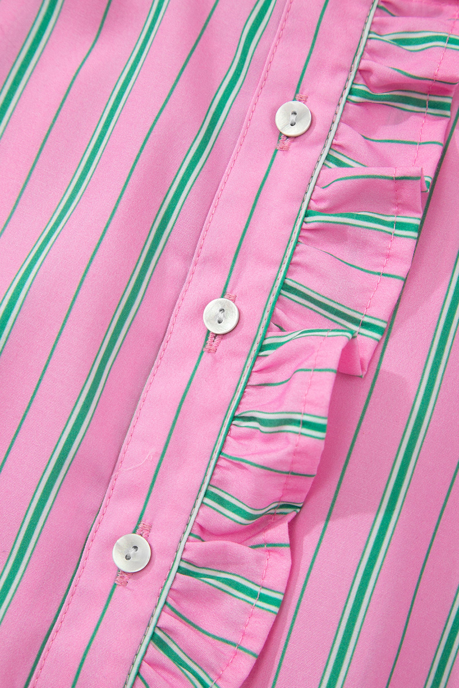 Pink Stripe Half Button Ruffle Trim Short Puff Sleeve Blouse