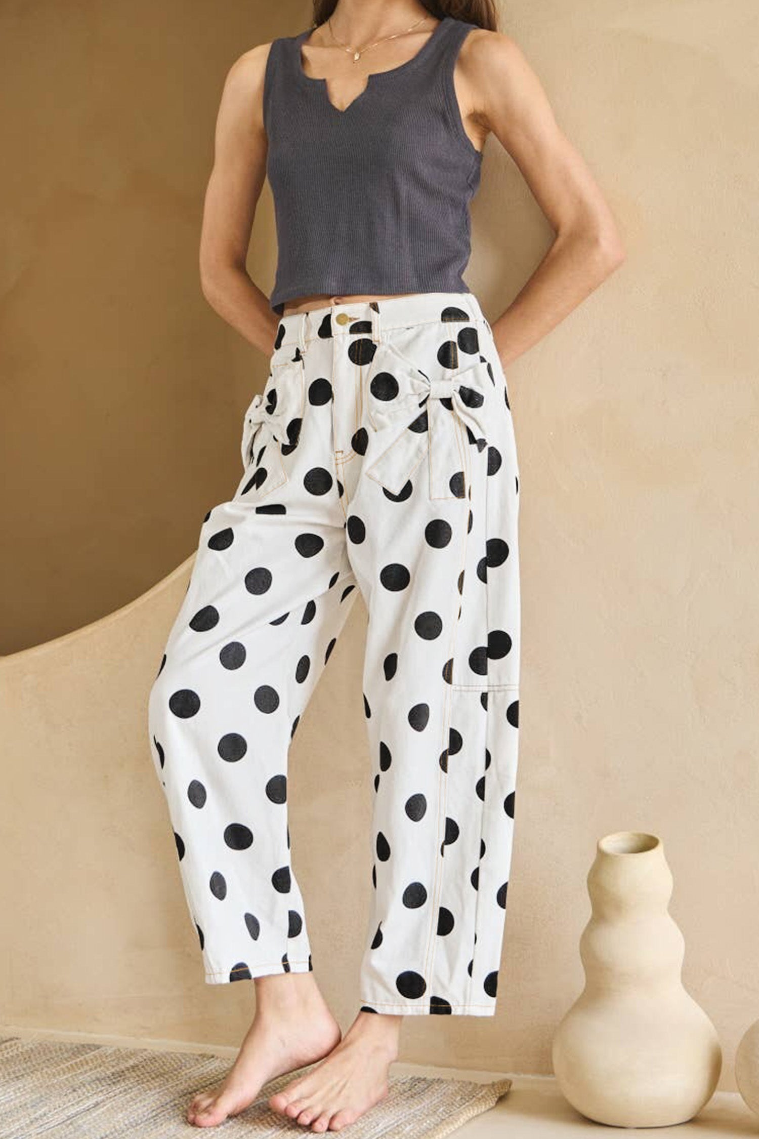 Sky Blue Polka Dot Print Bow Detail Pocketed Jeans