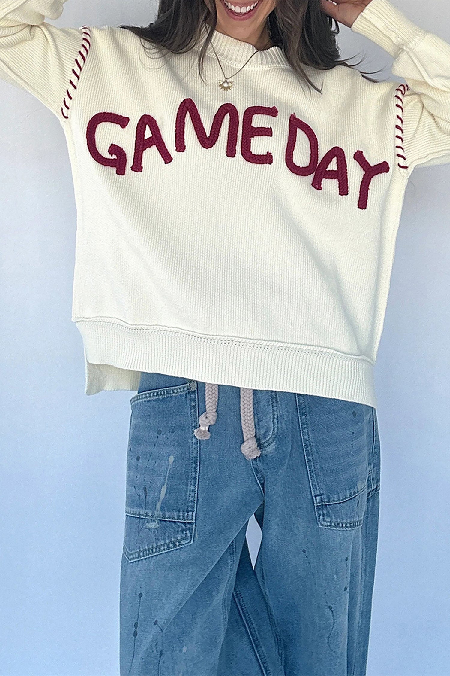 Beige Game Day Letter Print Round Neck Long Sleeve Casual Pullover Sweater