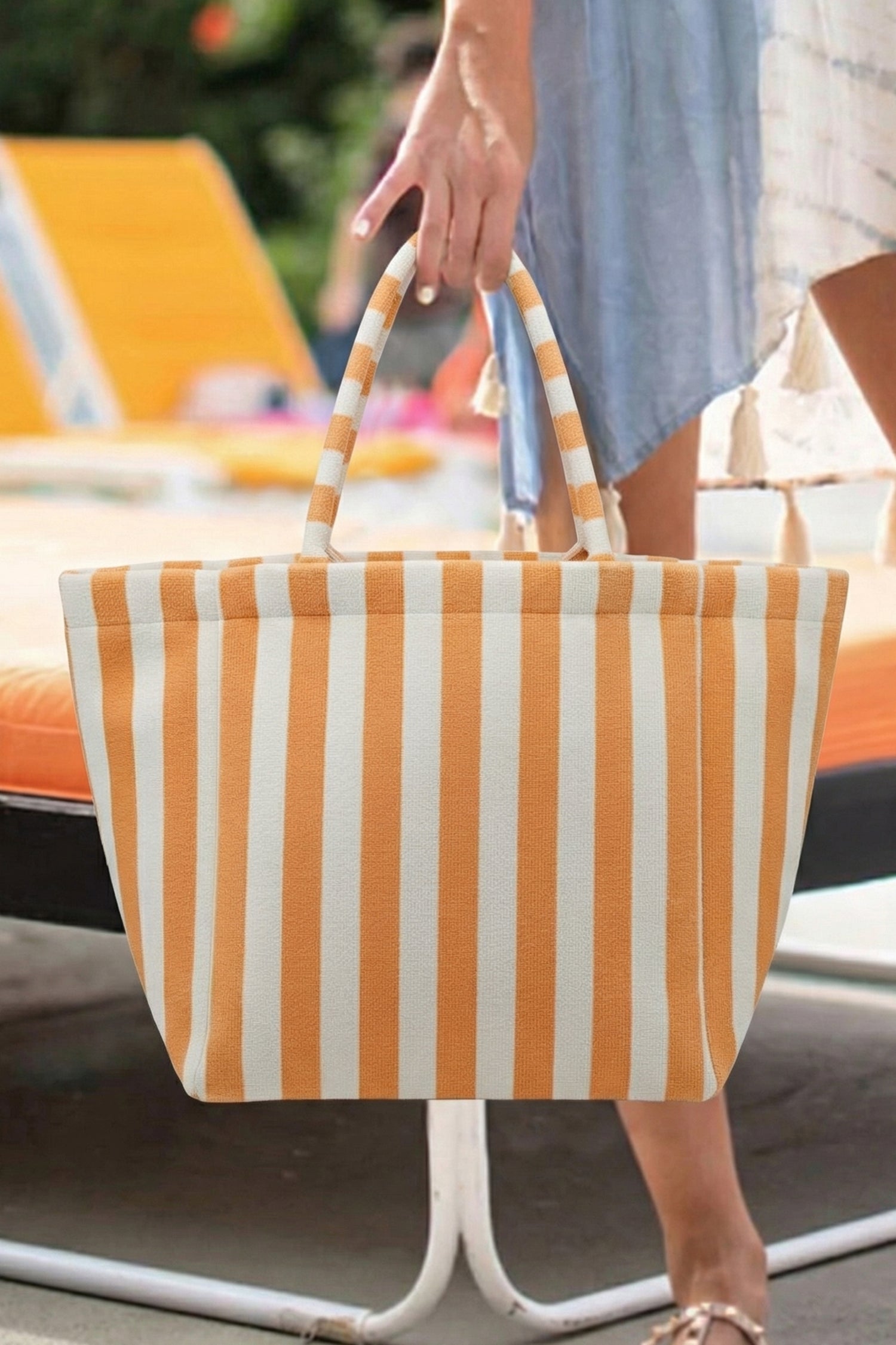 Dark Green Striped Terry Large Beach Tote Bag