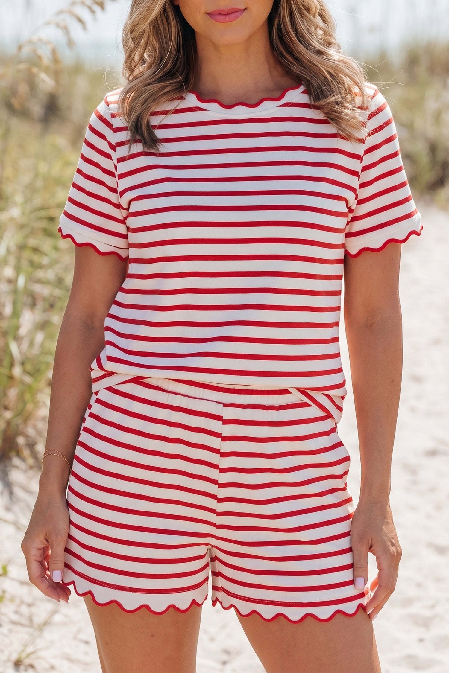Red Stripe Scallop Hem Top Shorts Set