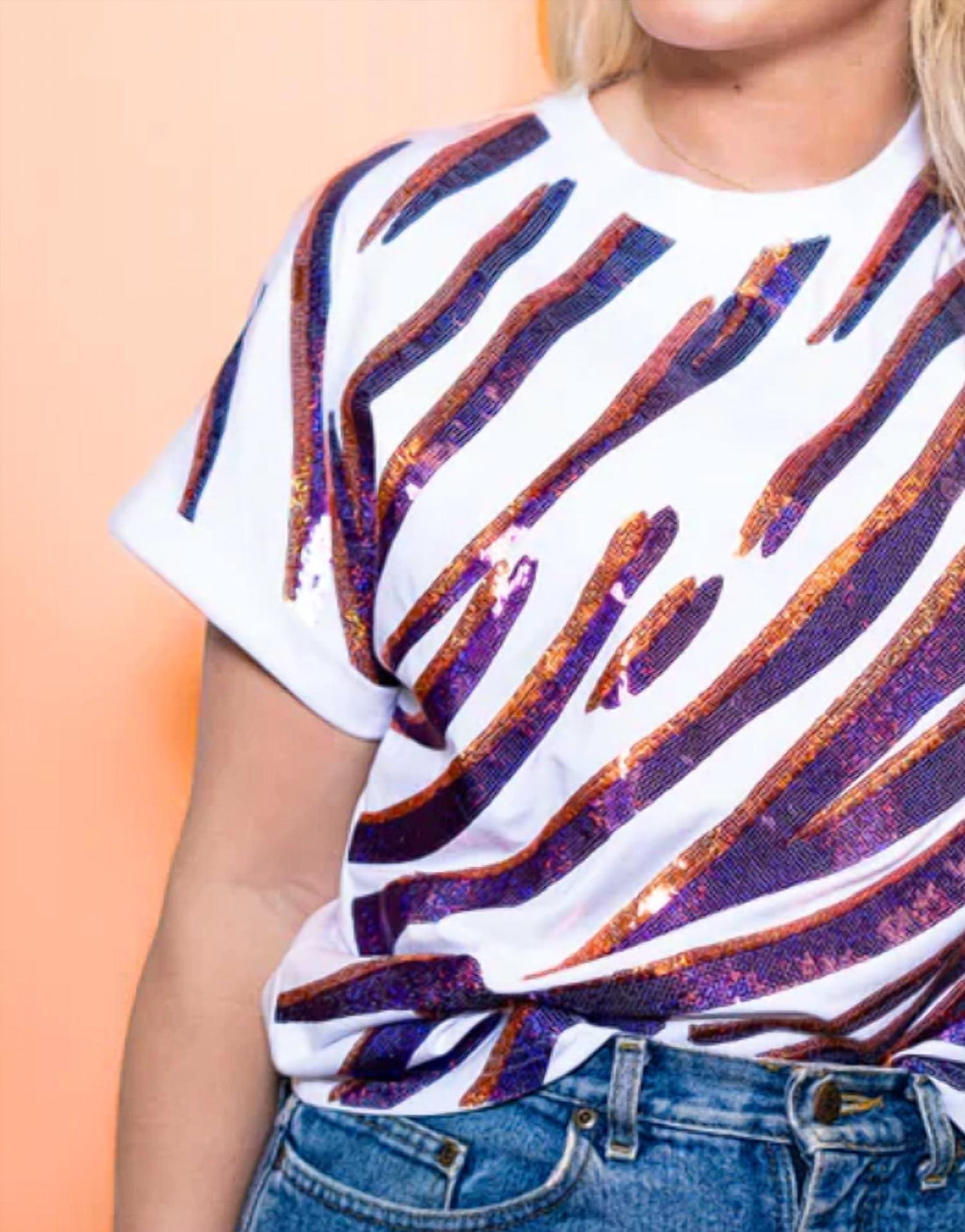Sequined Tiger Stripe Cuff Sleeve Tee Top