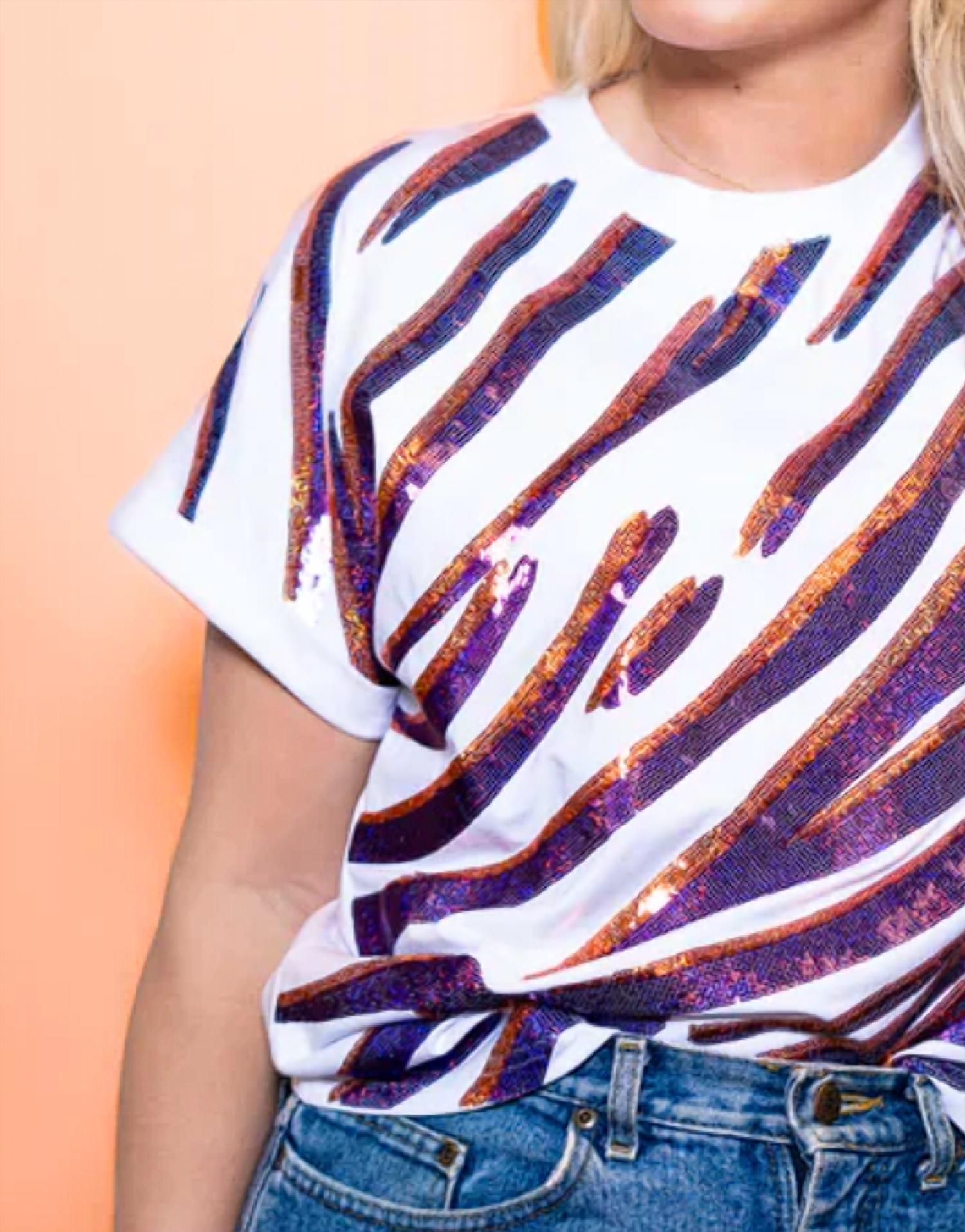 Sequined Tiger Stripe Cuff Sleeve Tee Top