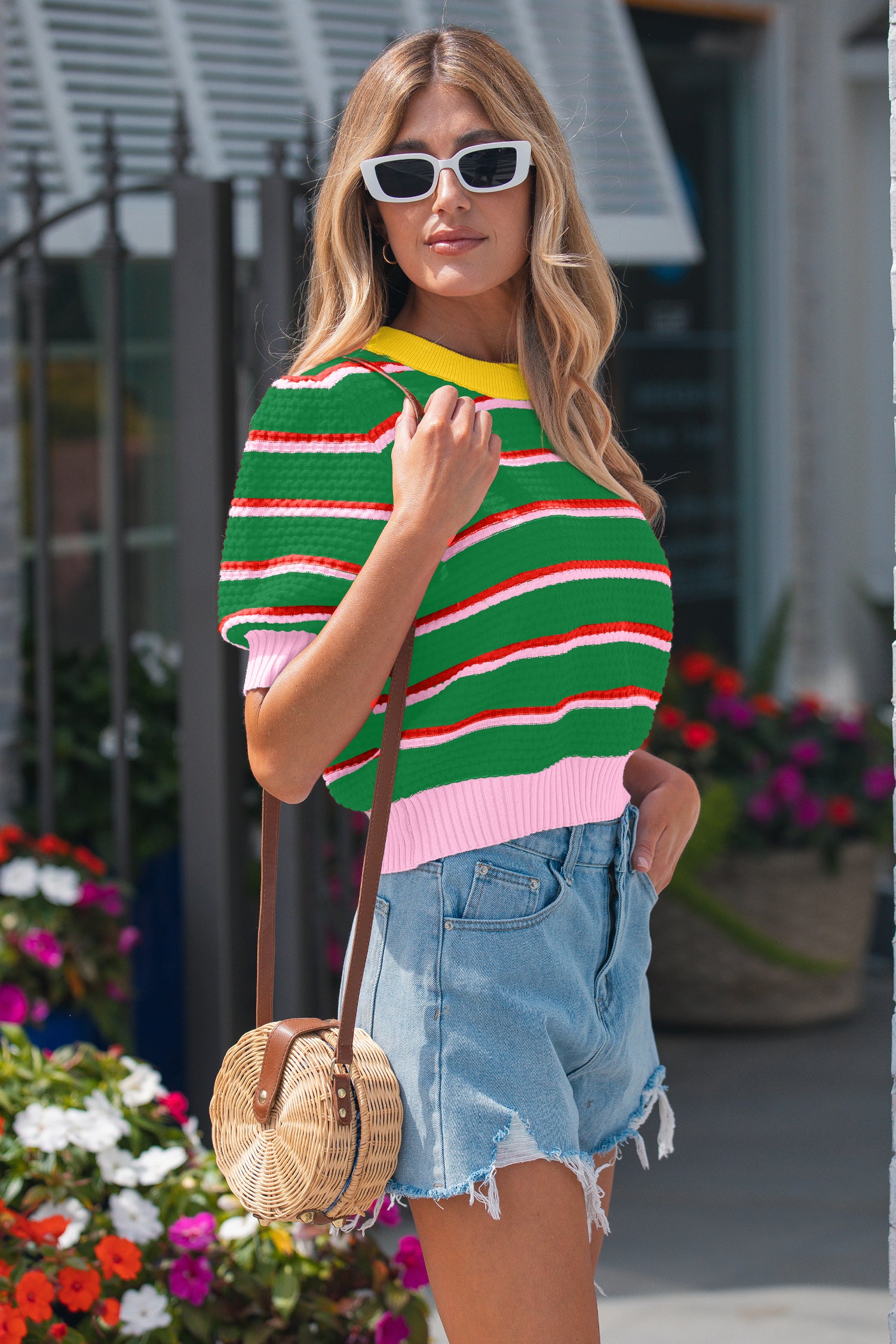 Sky Blue Stripe Colorblock Trim Half Sleeve Sweater Top