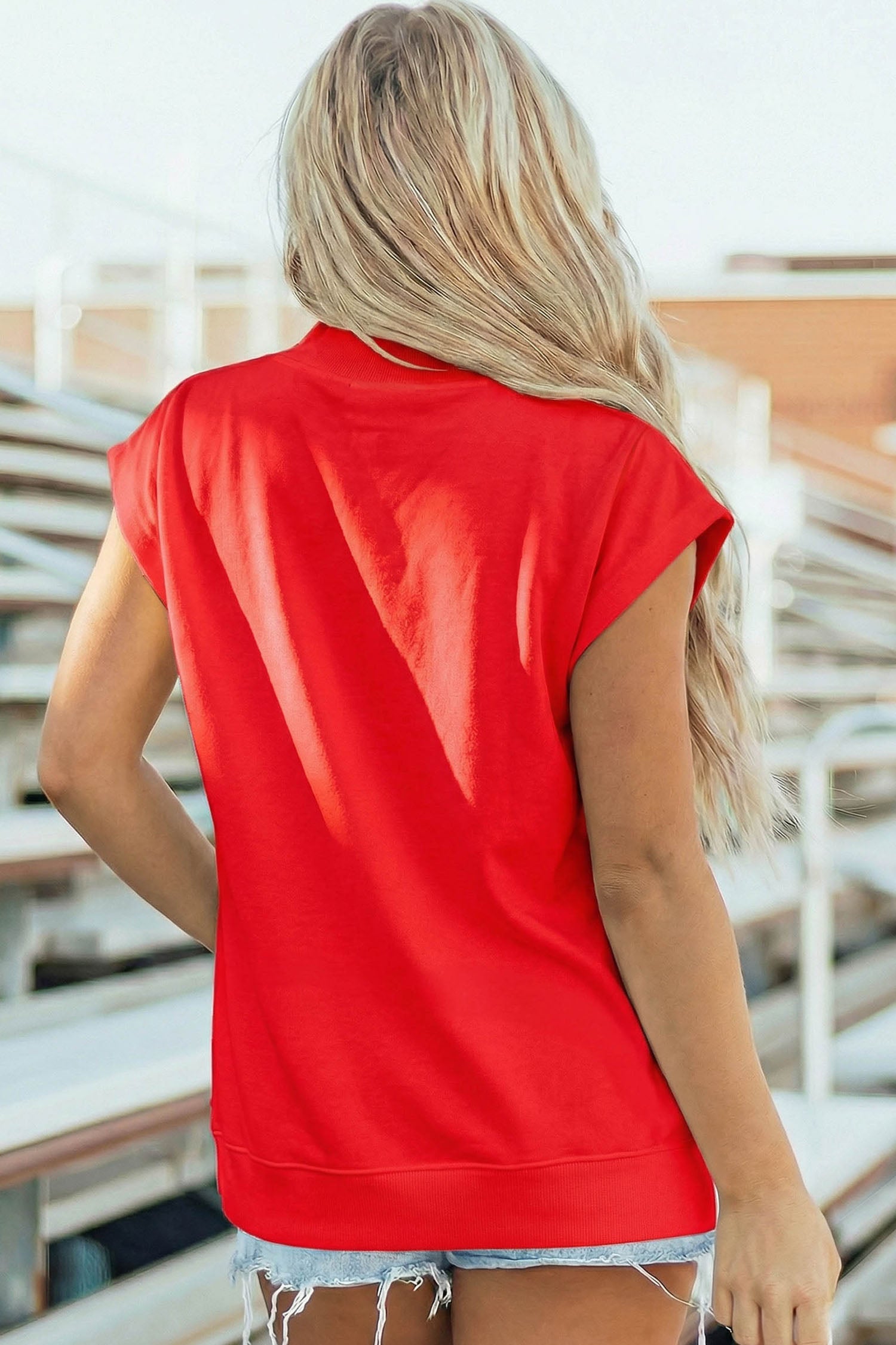Racing Red Sequin Heart Football High Neck Casual Tunic Top