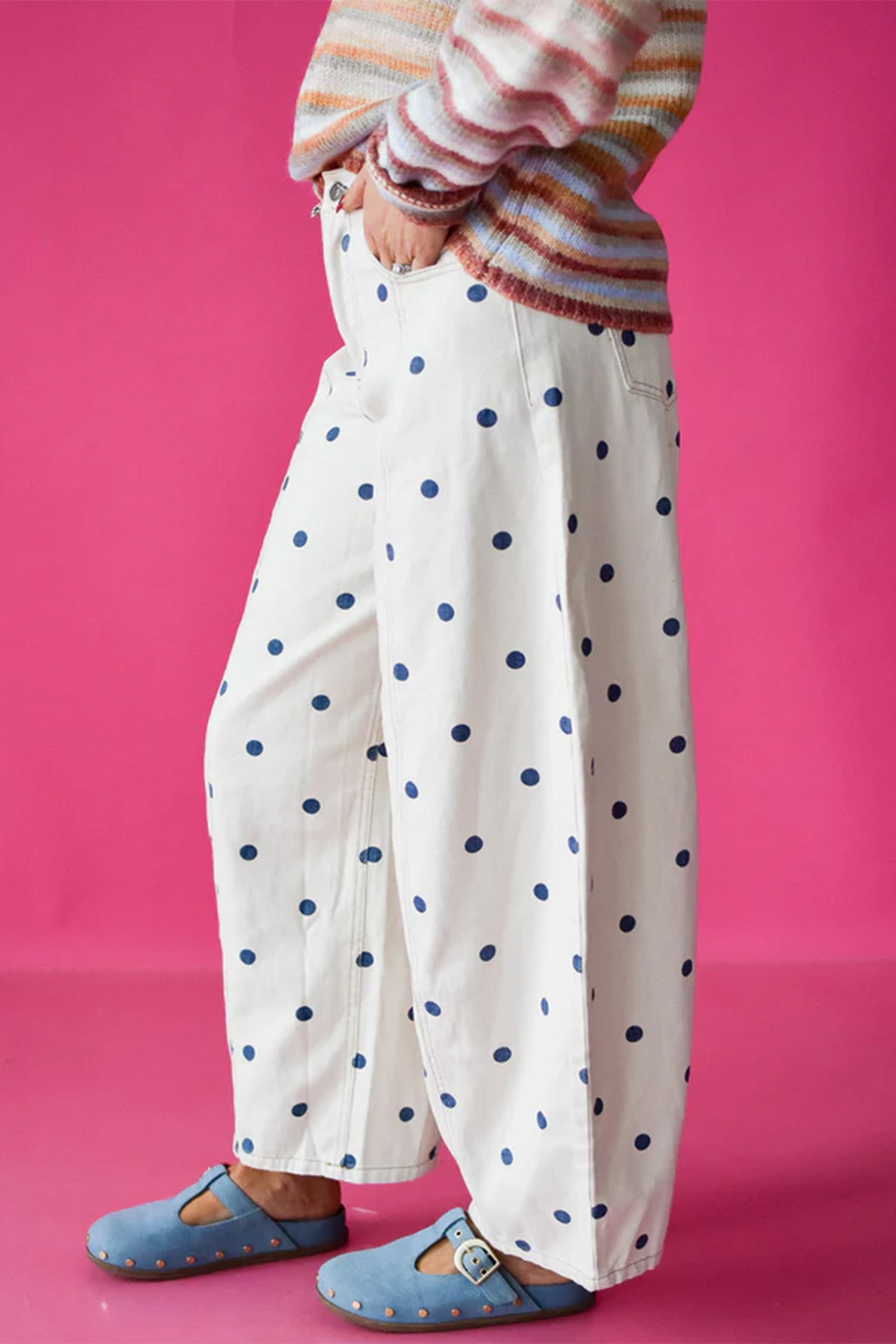 Pink Polka Dot Print Seam Detail Barrel Jeans