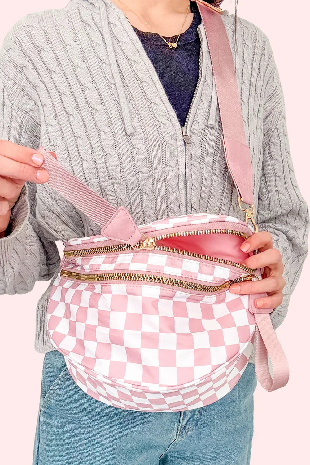 Chestnut Checkered Print Wide Strap Large Crossbody Bag