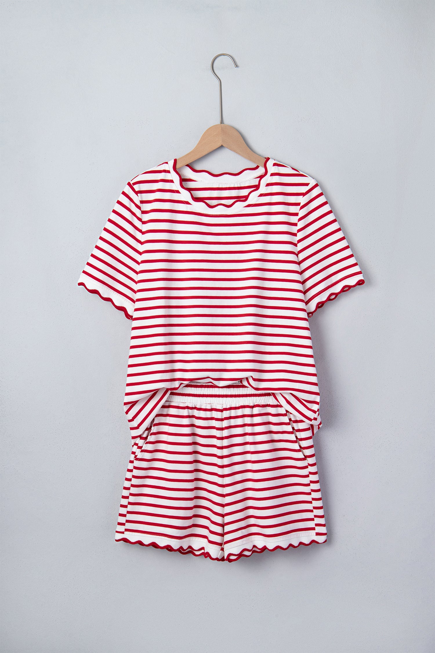 Red Stripe Scallop Hem Top Shorts Set