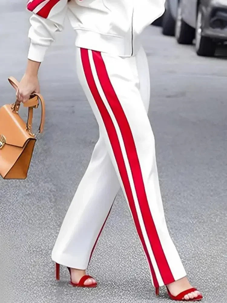 Yeezzi 2024 New Spring Women Fashion Casual Striped Straight Leg Pants Loose Long Sleeves Zipper Stand Collar Jackets Outerwear