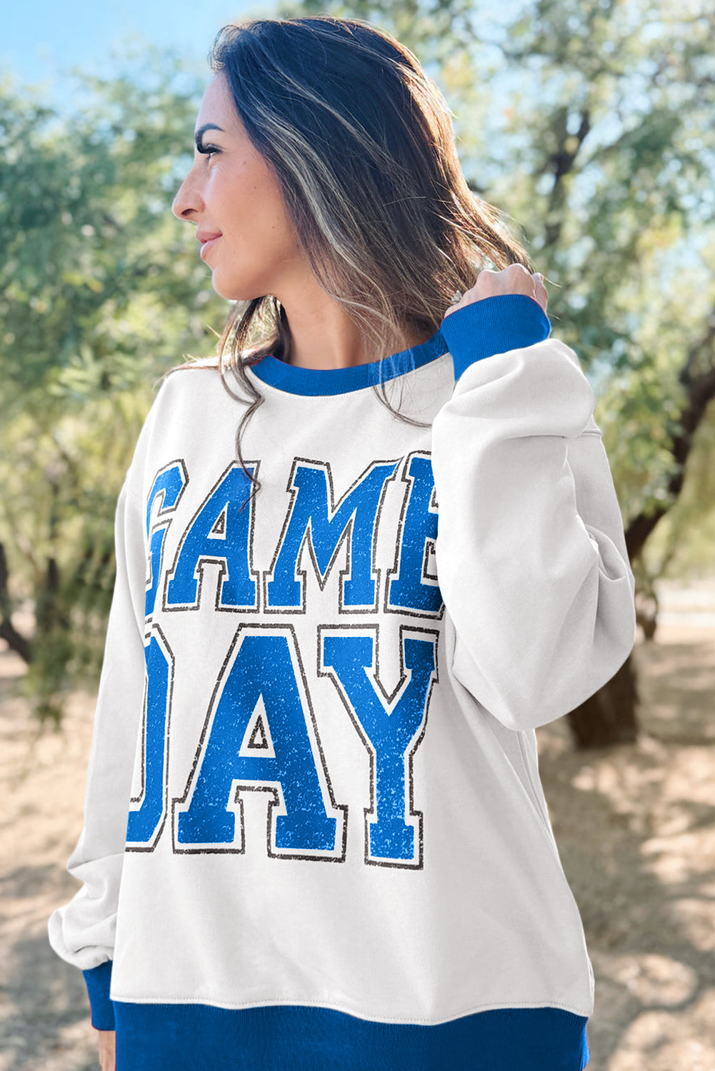 Oatmeal GAME DAY Letter Contrast Trim Baggy Sweatshirt